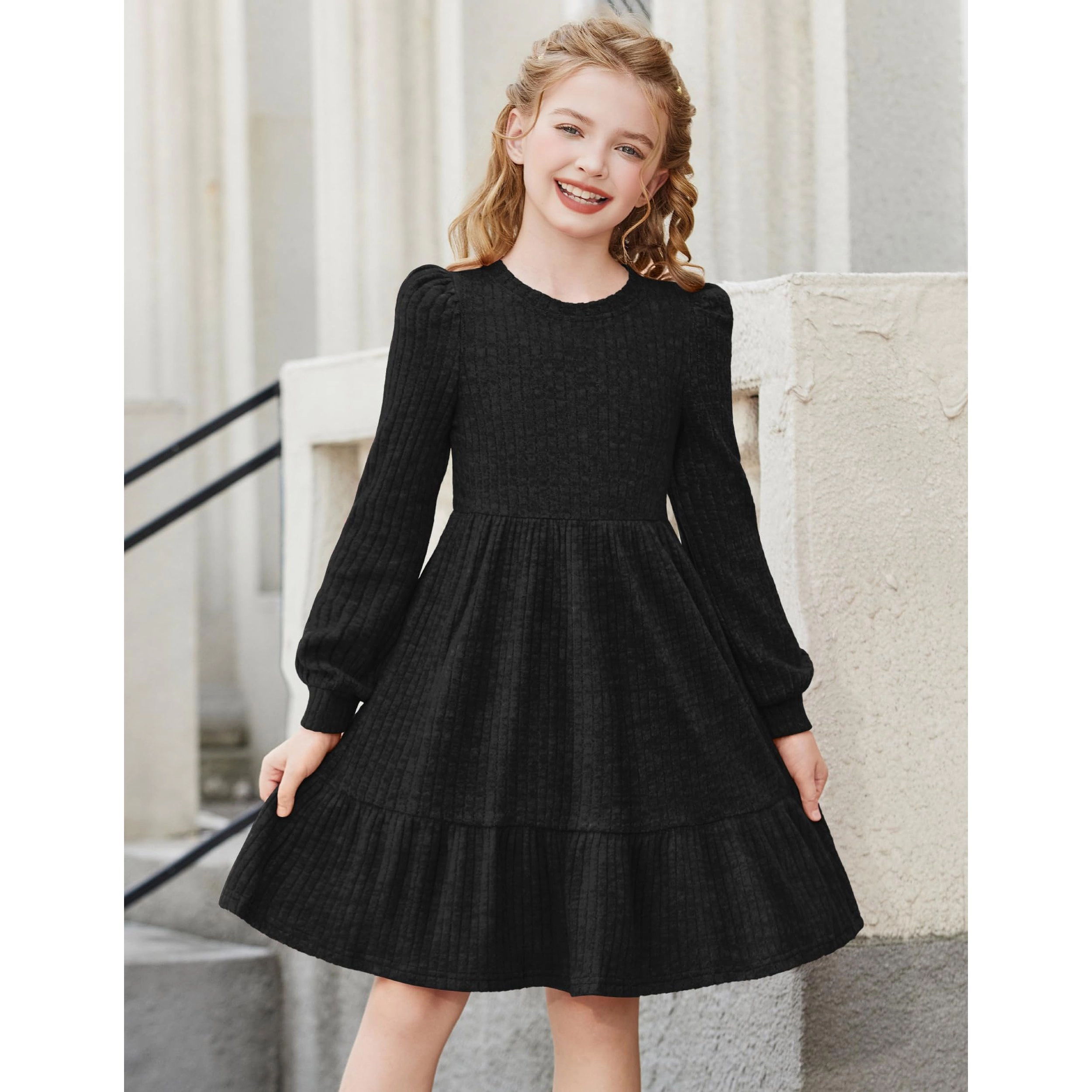 Arshiner Girls Pocket Dress Lantern Sleeve Knee Length Knit Cute