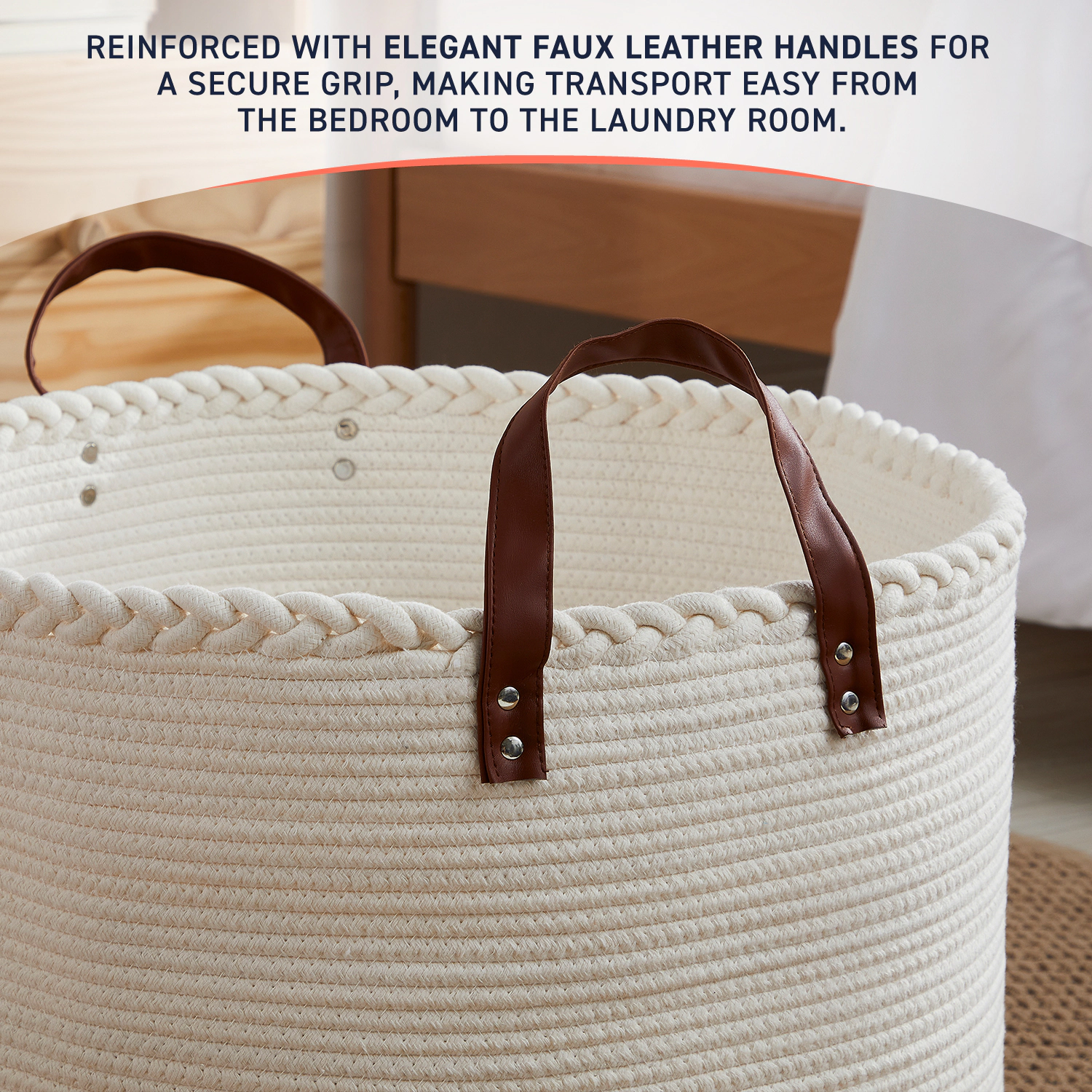 Ornavo Home Extra Large Round Cotton Rope Storage Basket Laundry Hamper with Leather Handles