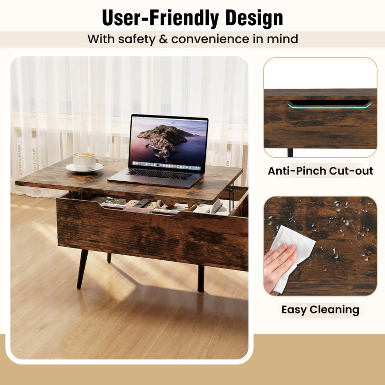 SUGIFT 47-in 132-lb Capacity Dual Pneumatic Lift Top Coffee Table with 2 Hidden Storage Compartments