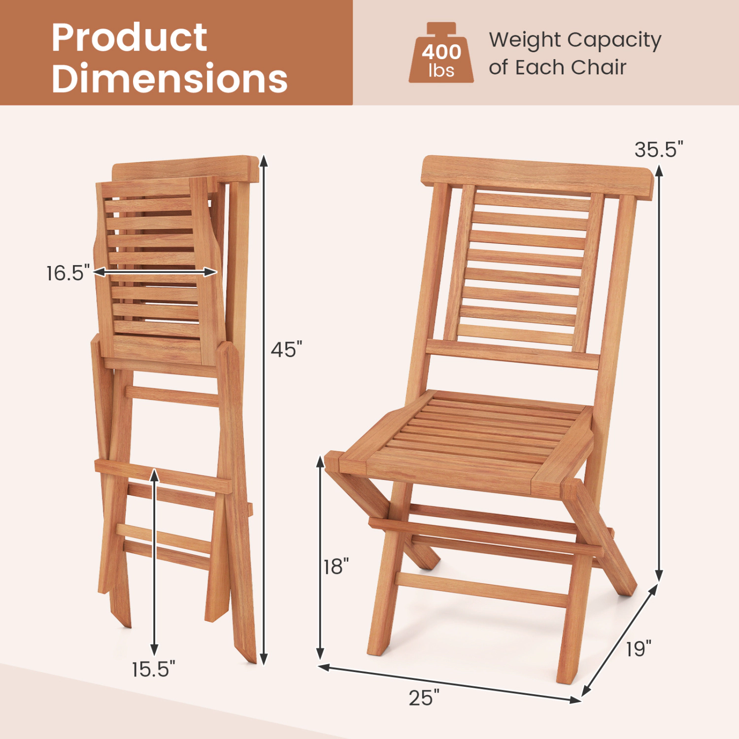 LJG Teak Wood Folding Patio Chairs Set of 2 with x-Support & High Backrest for Backyard