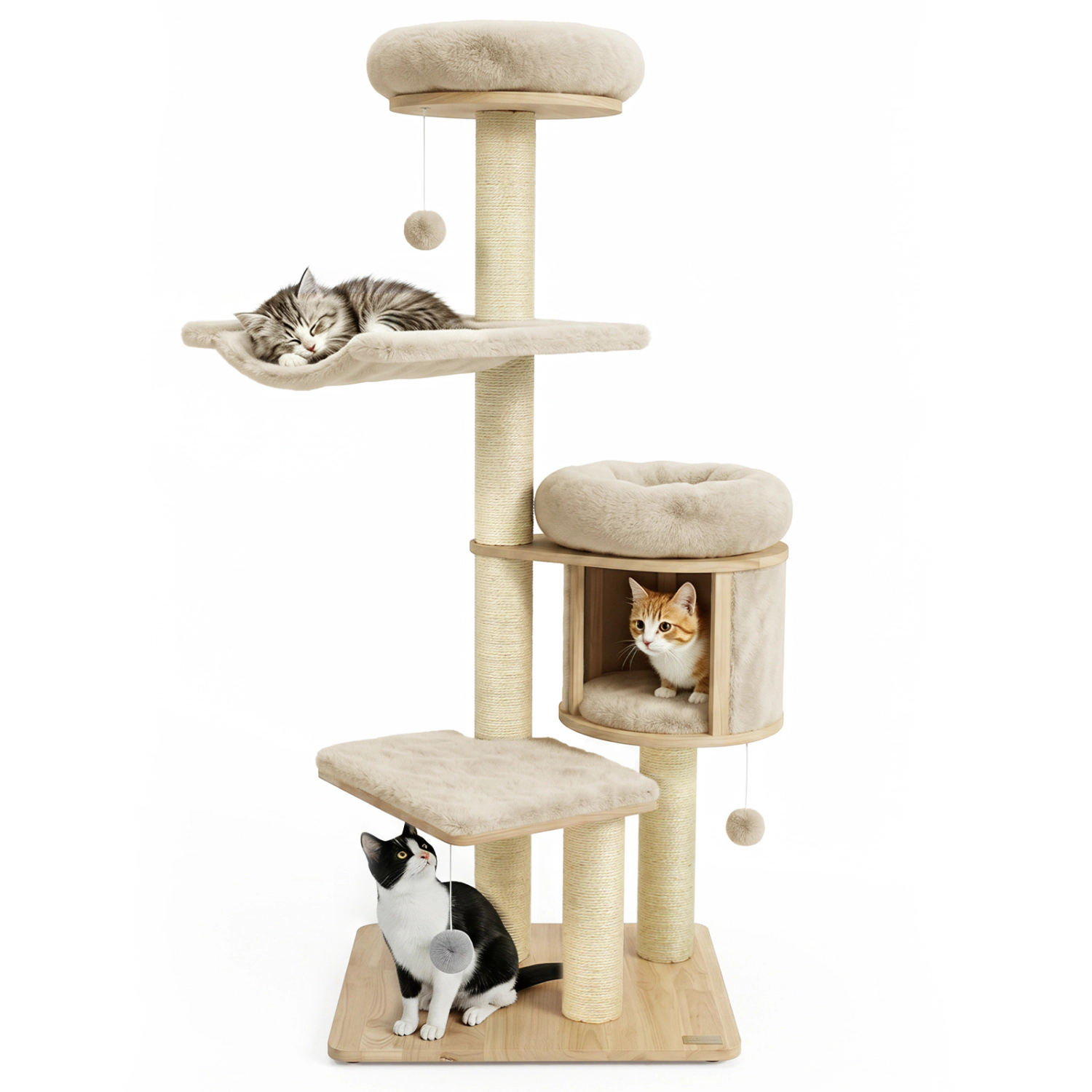 LJG 55" Solid Rubber Wood Cat Tree with Condo & Hammock and Scratching Posts for Adult Cats