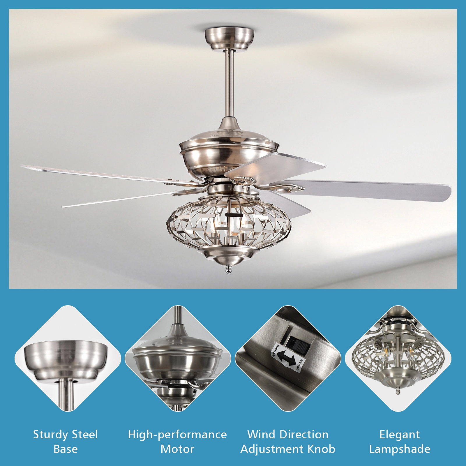 SUGIFT Silver Ceiling Fan with 5 Wooden Blades and Remote Control 52-in Dia 3 Wind Speeds 8H Timer