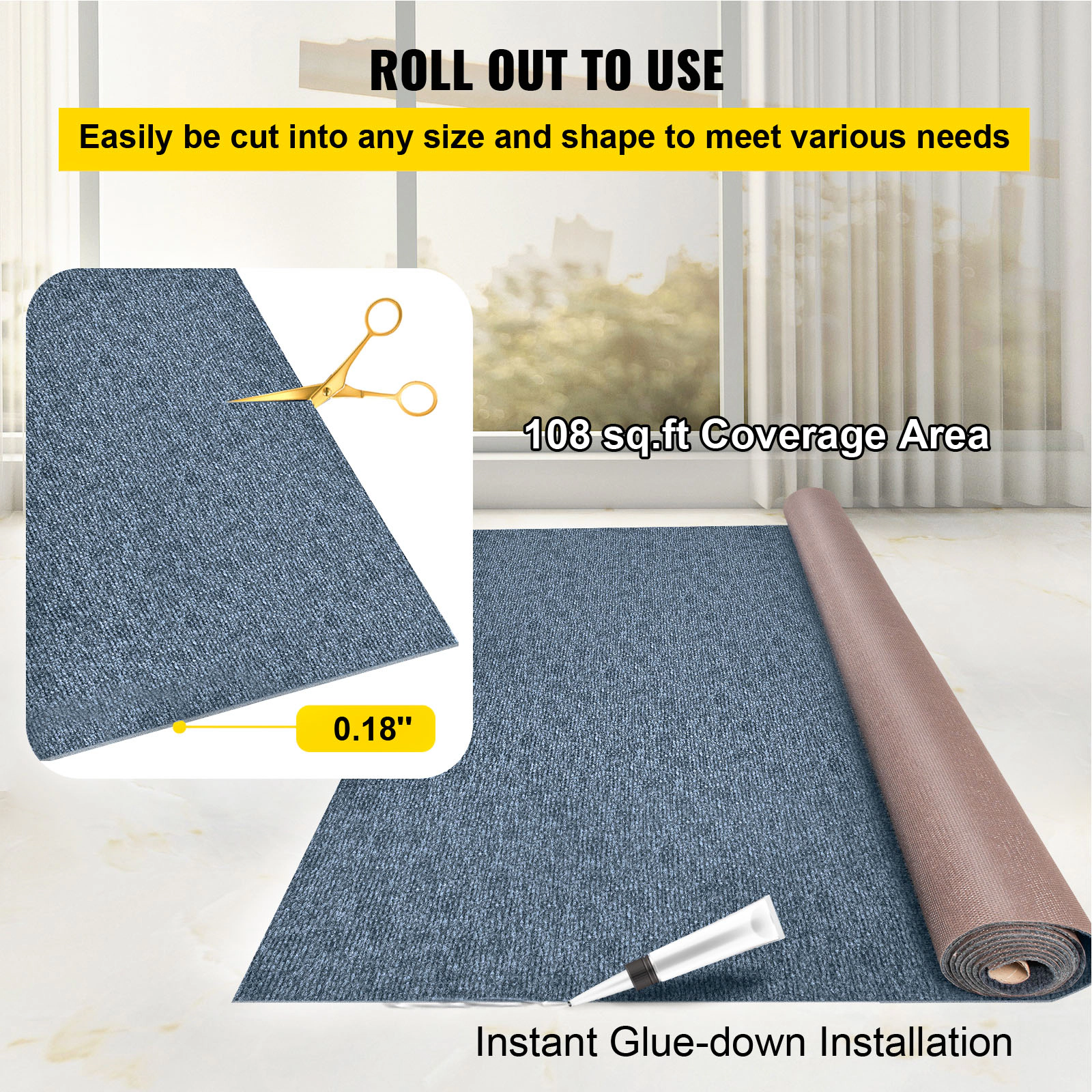 HONGGE Gray Marine Carpet 6 ft Boat Carpet Rugs Indoor Outdoor Rugs for Patio Deck Anti-Slide TPR Water-Proof Back