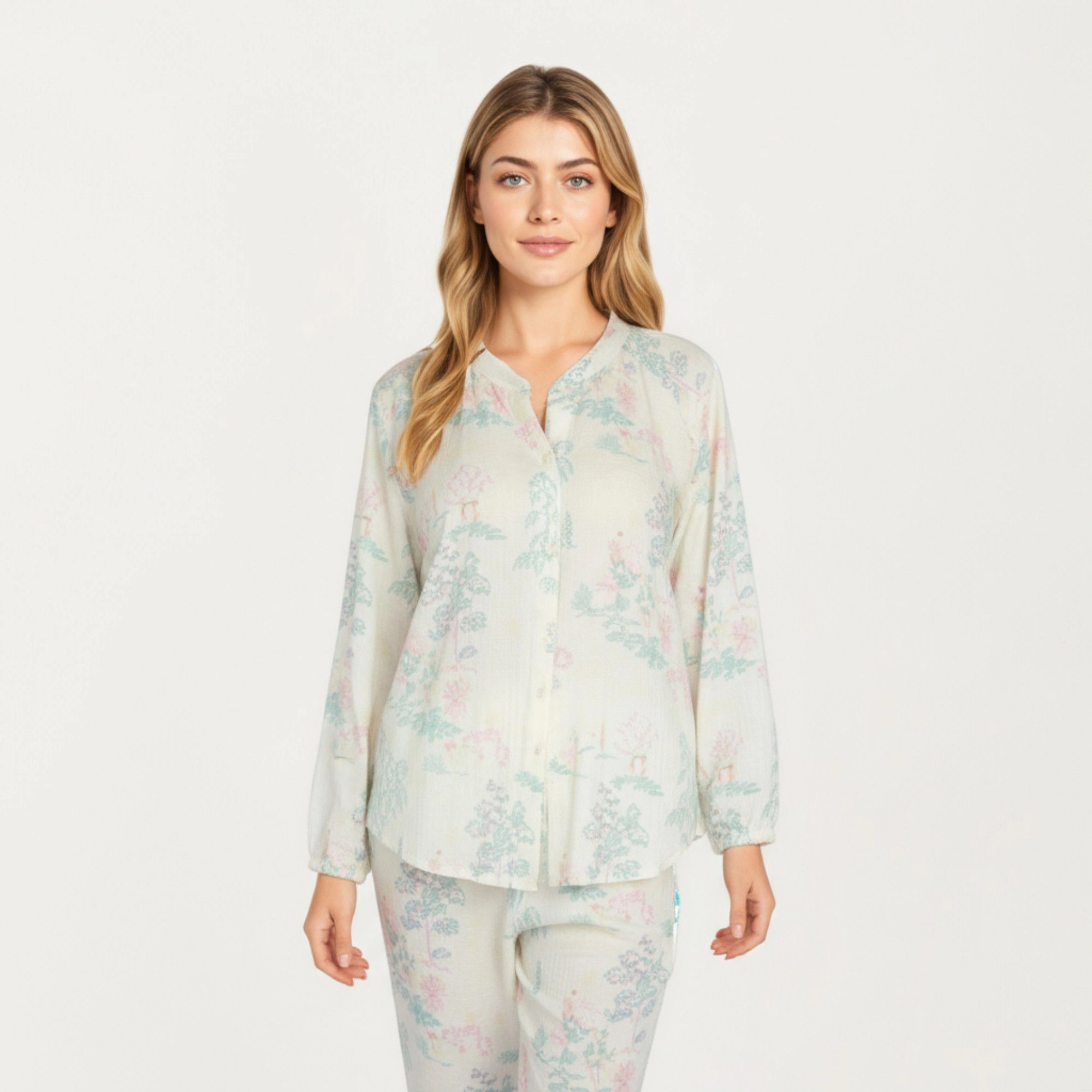 Anna-Kaci Women's 2-Piece Long Sleeve Button Front Top and Relaxed Fit Pants Pajama Set with Pastel Print
