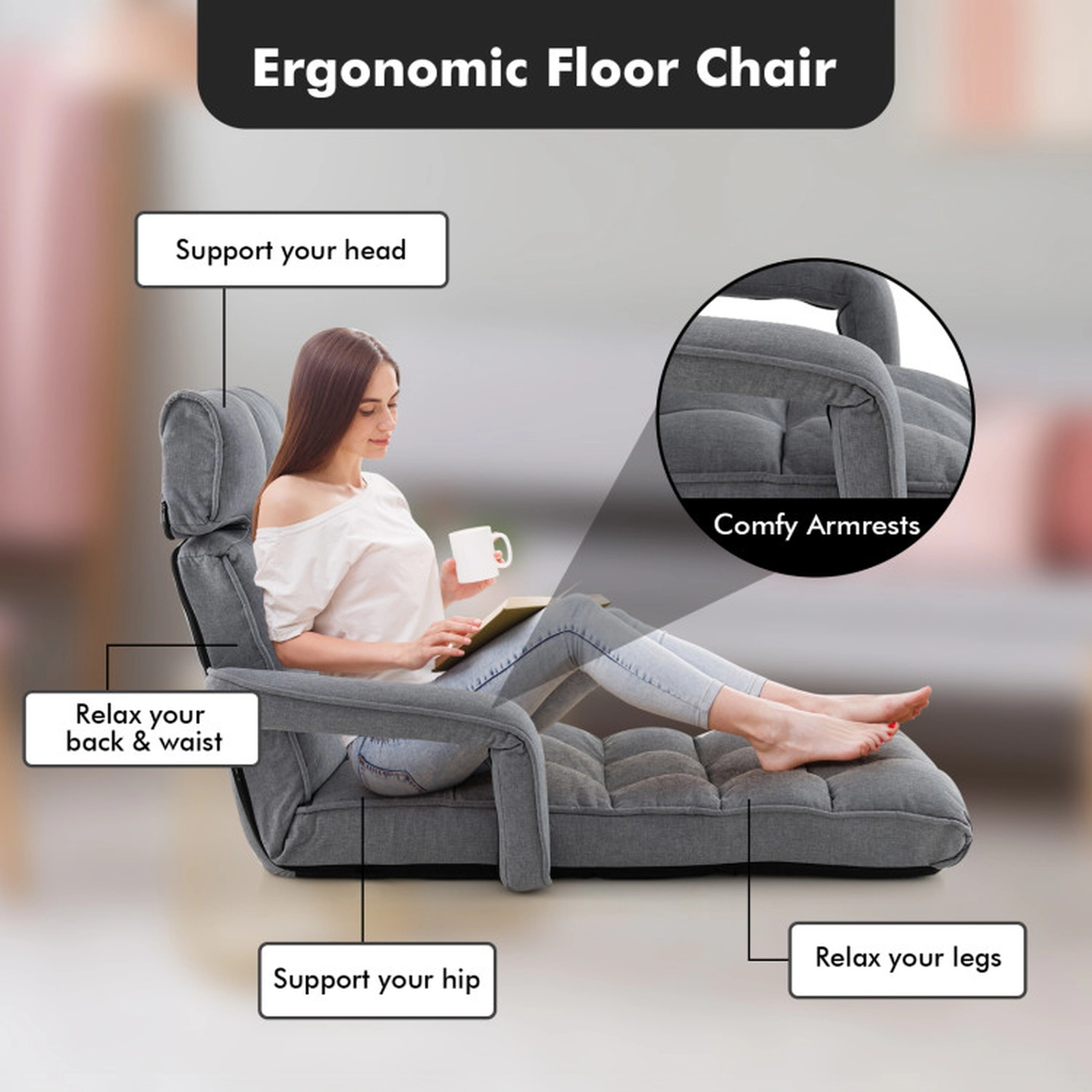 SUGIFT 6-Position Adjustable Floor Chair with Adjustable Armrests and 8-Position Footrest 300-Lb Capacity Gray/Dark Gray