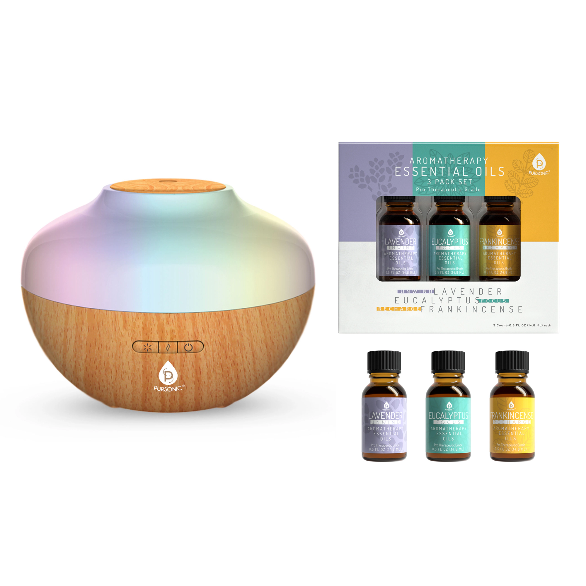 Pursonic Unisex Ultrasonic Aromatherapy Diffuser & Essential Oil Set – 300ml Mist Humidifier with 3-Pack Essential Oils