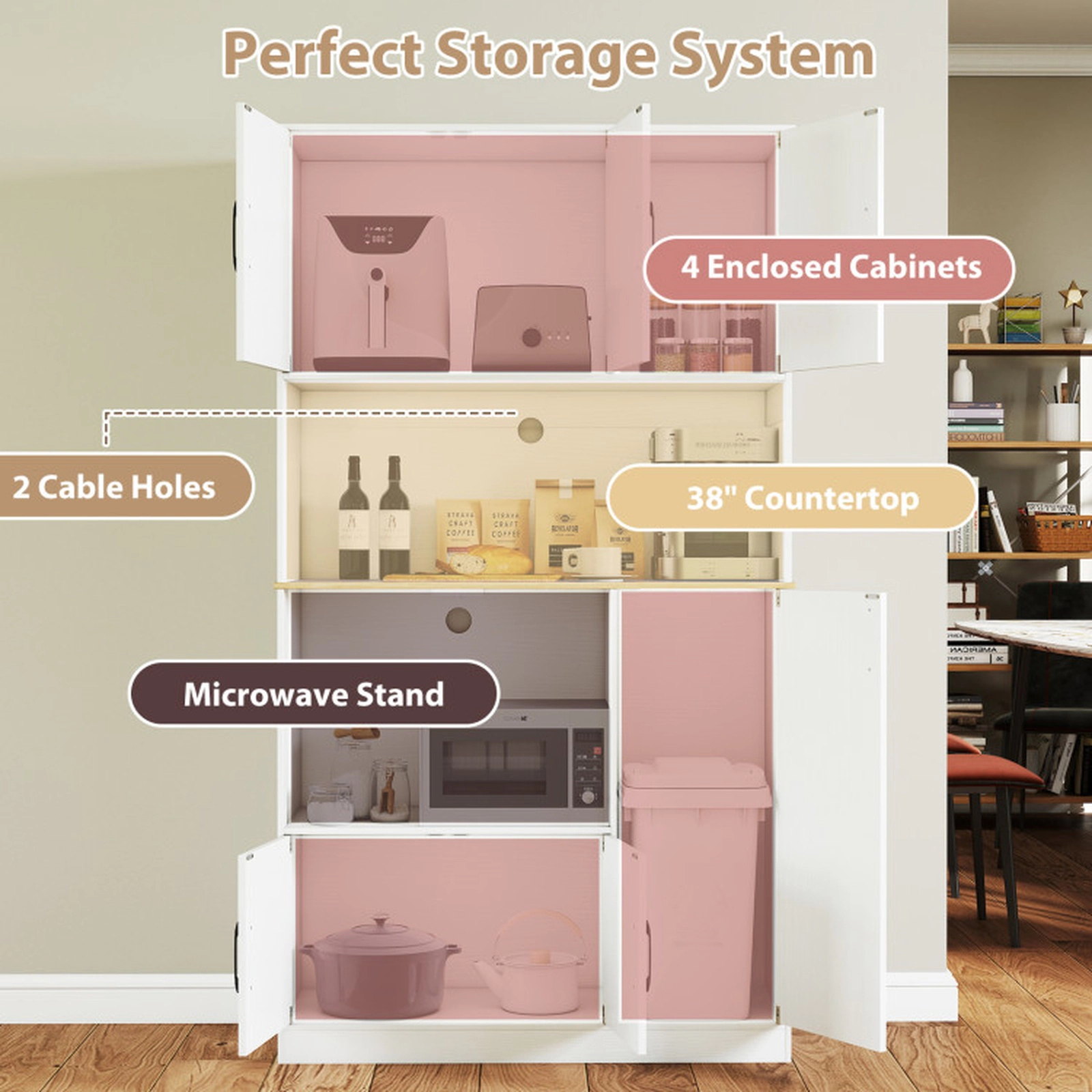 SUGIFT 71-in Tall 77-lb Countertop White Wooden Pantry Cabinet with Charging Station and Microwave Stand