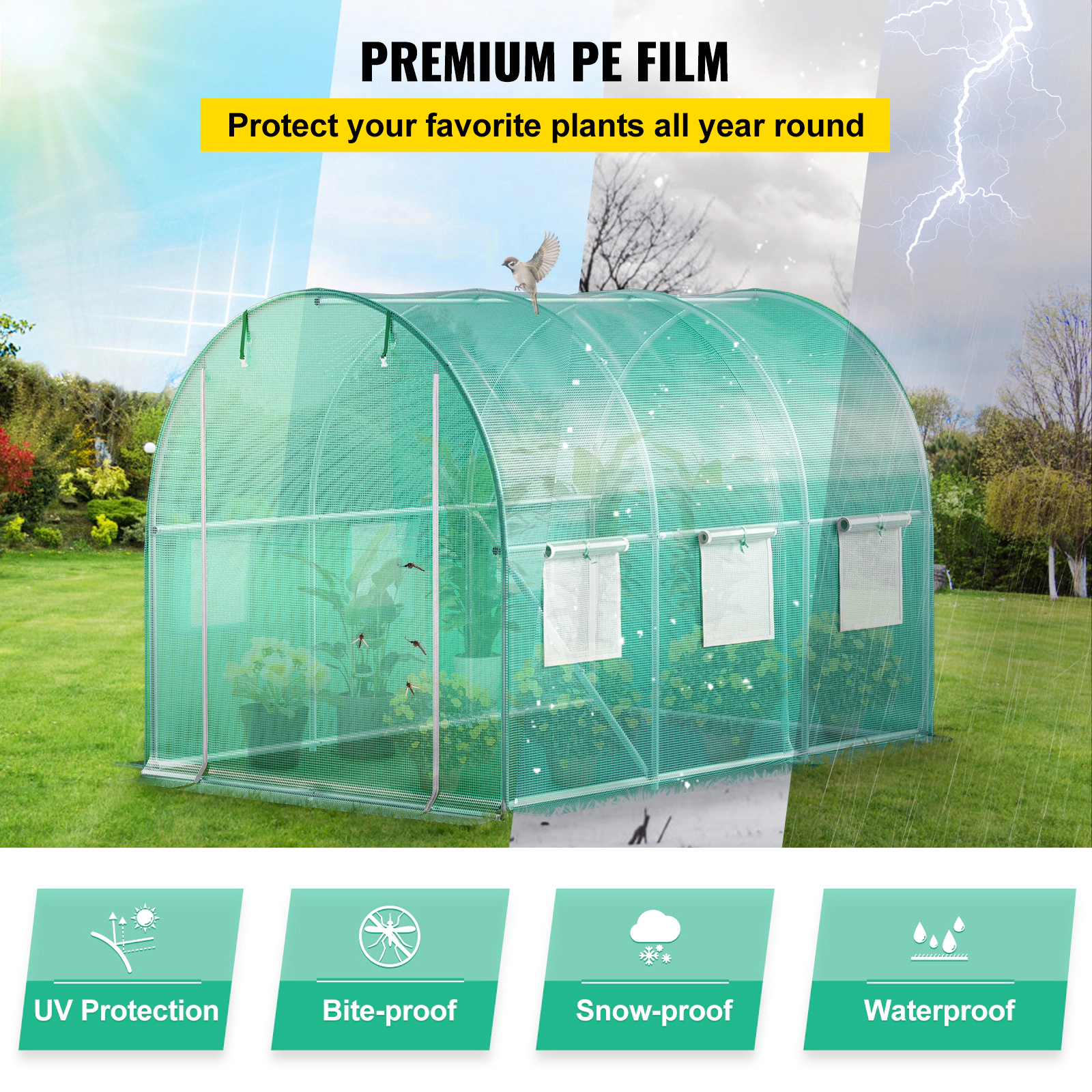 HONGGE Walk-in Tunnel Greenhouse Portable Plant Hot House with Galvanized Steel Hoops 1 Top Beam Diagonal Poles