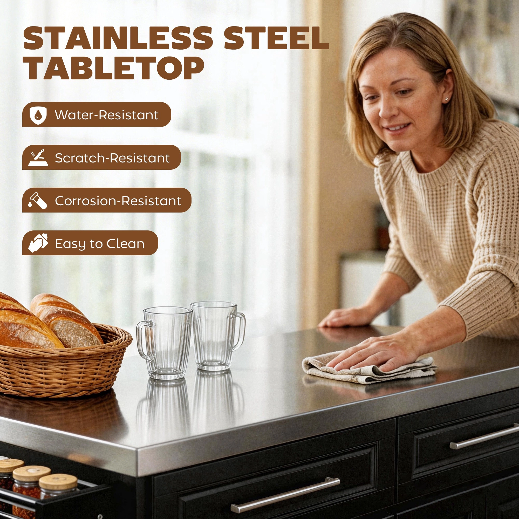 HONGGE Rolling Kitchen Island Cart with 47" Stainless Steel Top Portable Table for Wheels