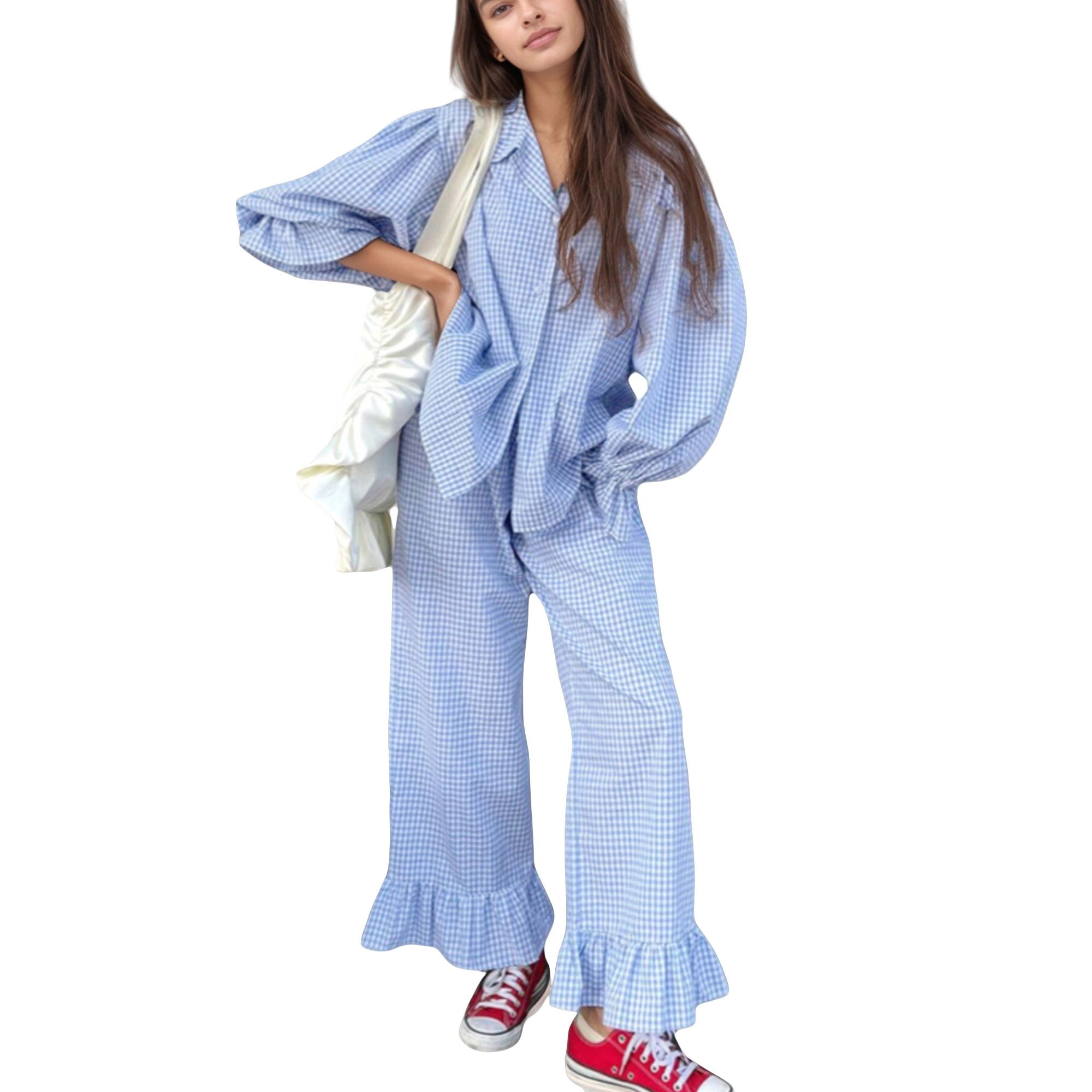 Anna-Kaci Women's Gingham Button Down Pajama Set with Long Sleeve Collared Top and Ruffle Hem Wide Leg Pants