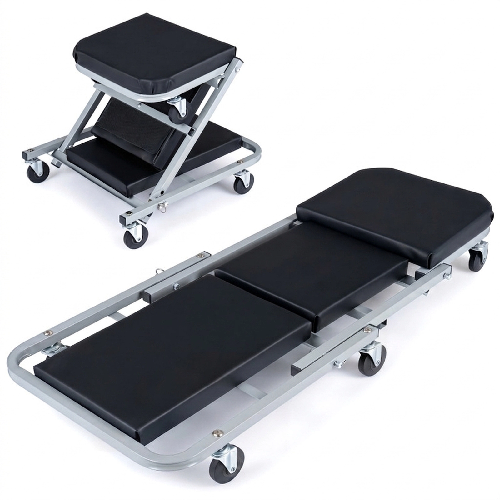 SUGIFT 2-in-1 Convertible Z-Seat Metal Frame Mechanic Creeper 40-in x 17-in x 5.5-in 330-lb Capacity 6 Casters Black