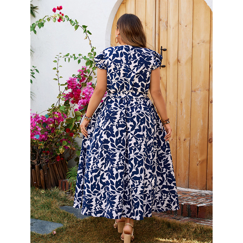 KOJOOIN Women's Plus Floral Maxi Dress Wrap V Neck A Line Flowy Boho Beach Vacation Long Dresses
