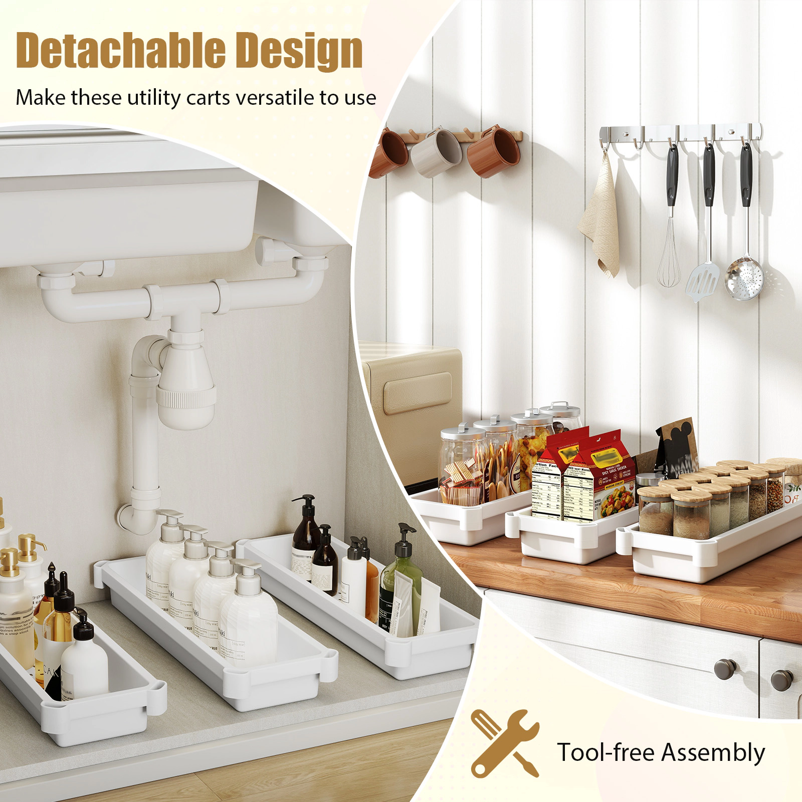 SUGIFT Set of 2 White 3-Tier Slim Rolling Storage Cart 7-in Under Sink Organizer for Bathroom and Kitchen