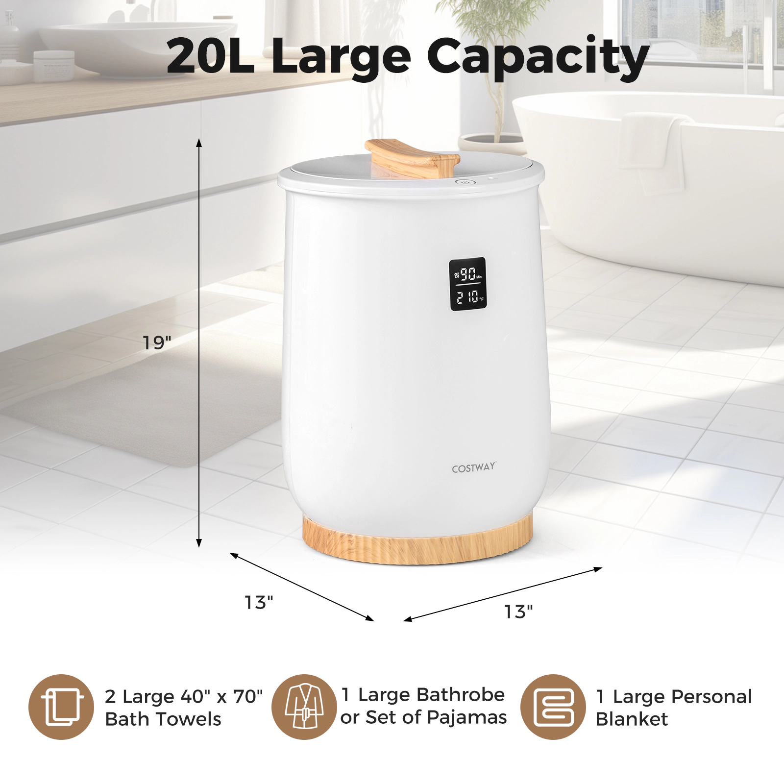 LJG 20L Large Heated Towel Warmer with LED Display and Button Control