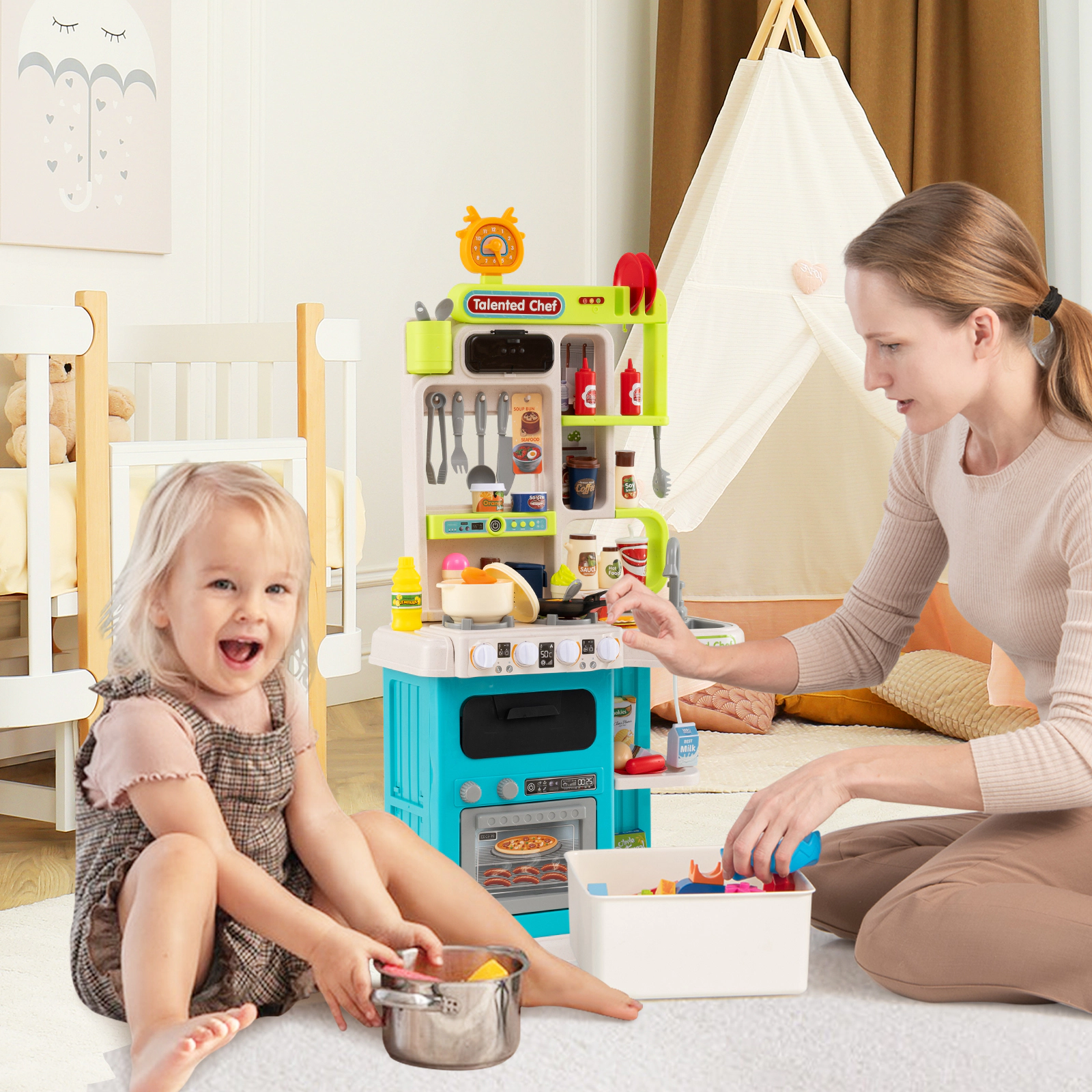 SUGIFT Blue 95 Accessories Steam Effect and Sounds Kids Corner Play Kitchen Playset
