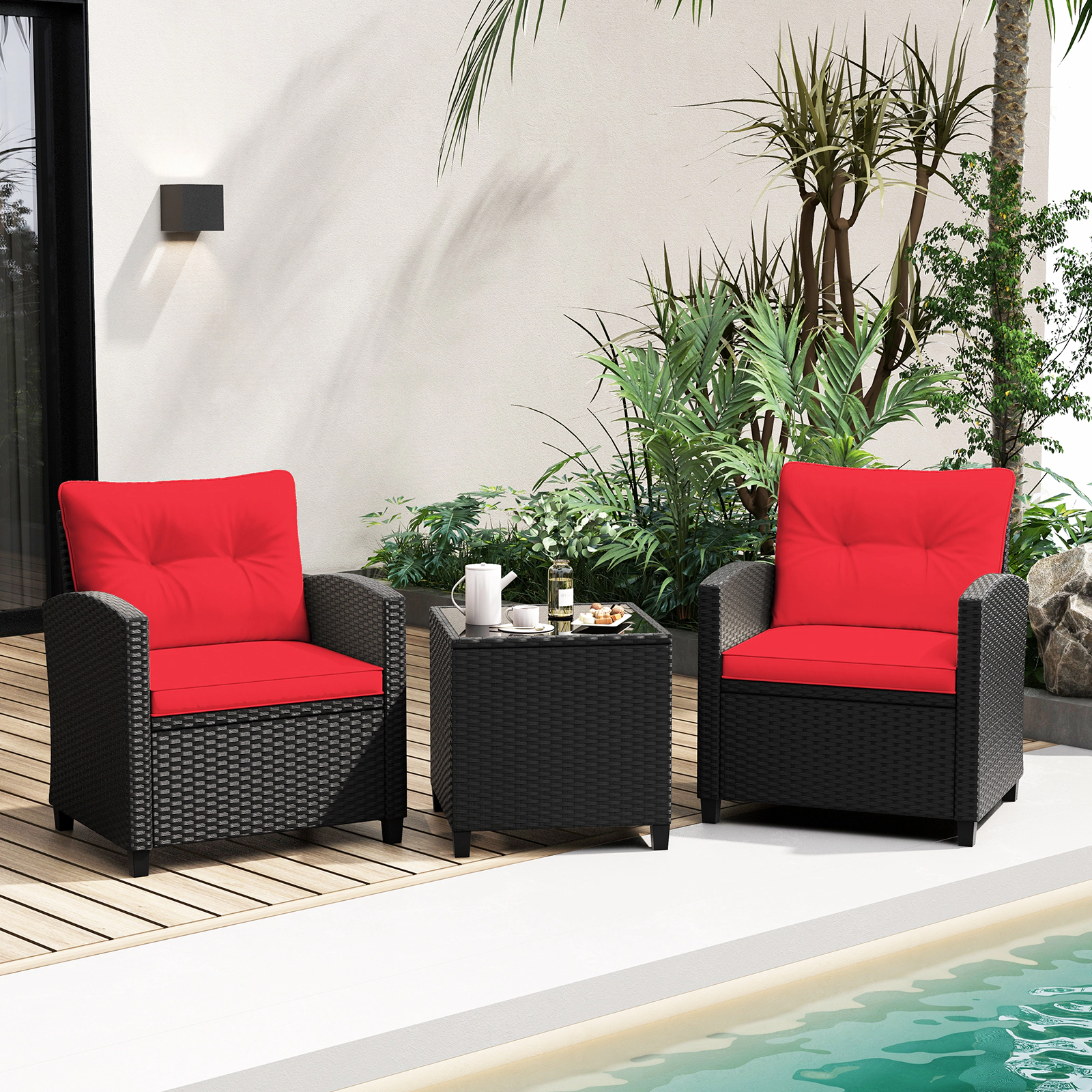 SUGIFT 3-Piece Black Rattan Patio Conversation Set with Cushioned Chairs and Glass Table