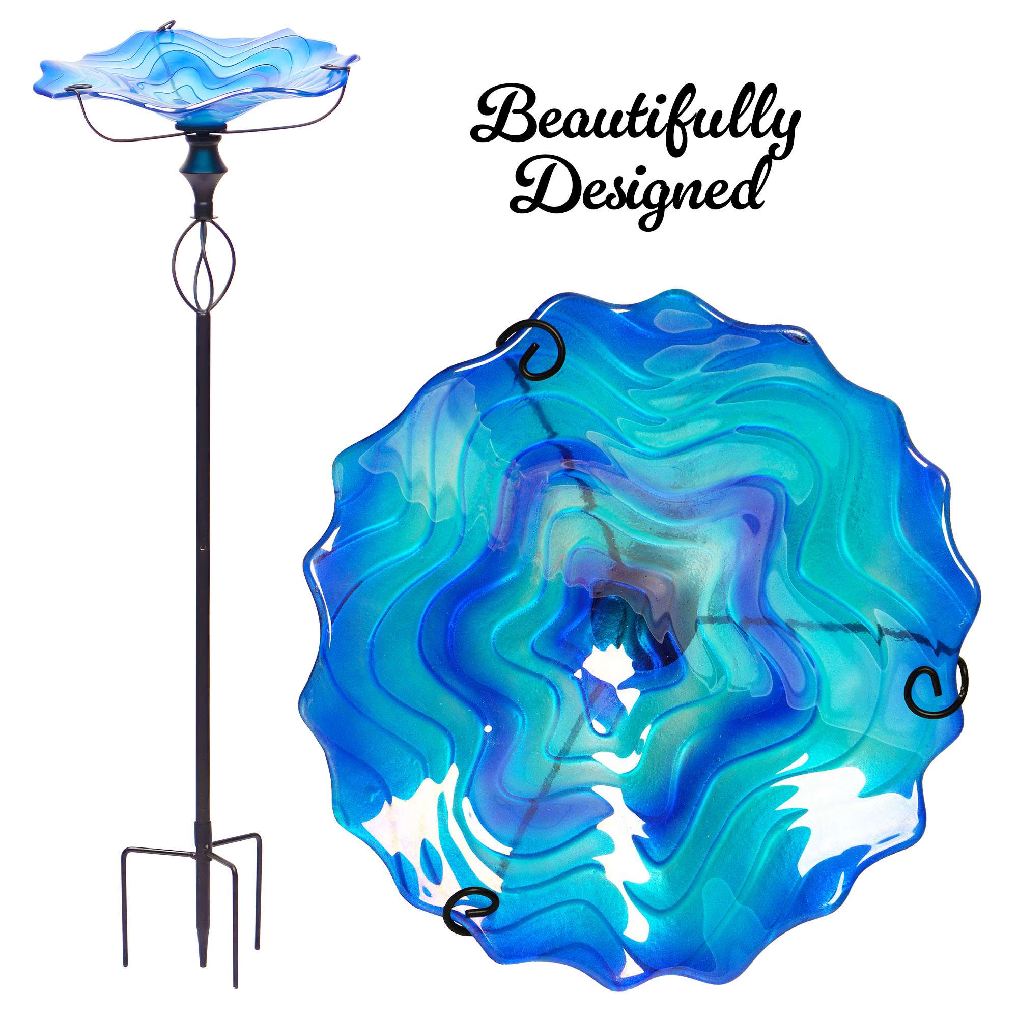 G128 32-Inch Blue Glass Bird Bath with Four-Pronged Metal Stake, Decorative Outdoor Feeder