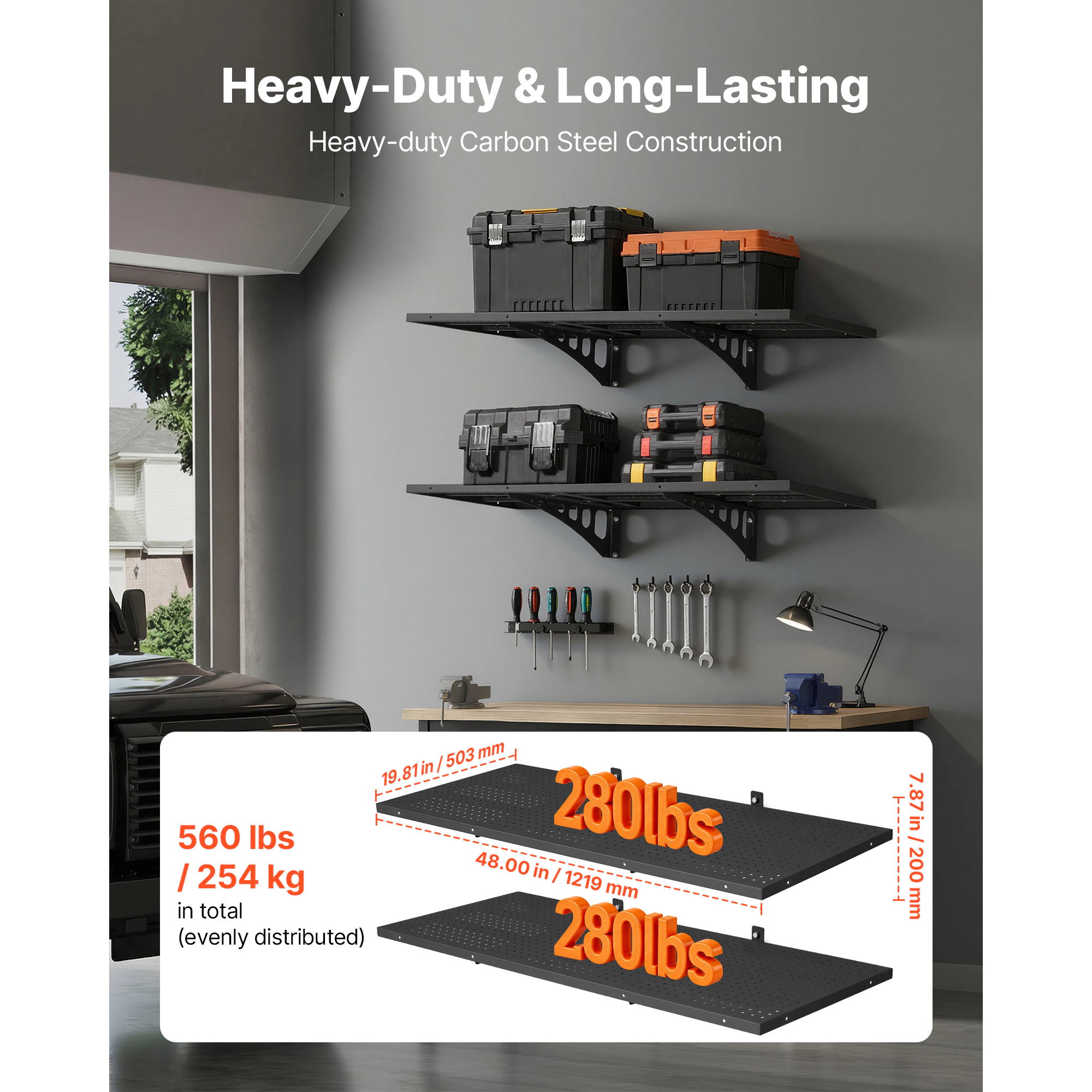 HONGGE Heavy Duty Wall Garage Shelving Steel Wall Mounted Shelving Unit Per Shelf Floating Storage Metal Rack for