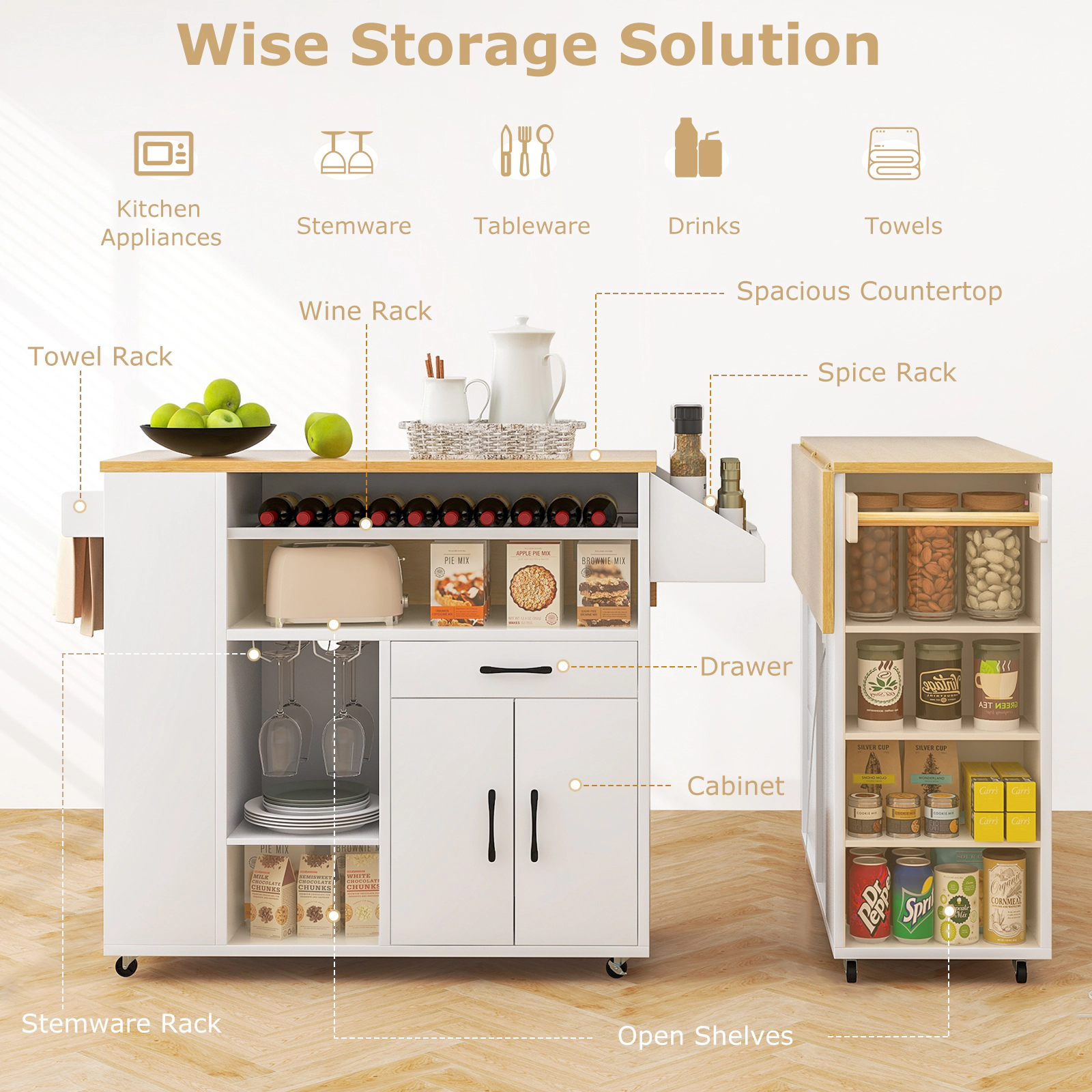 SUGIFT Rolling Kitchen Island Cart with 2 Power Outlets USB Charging Wine Bar Cabinet and Drop Leaf