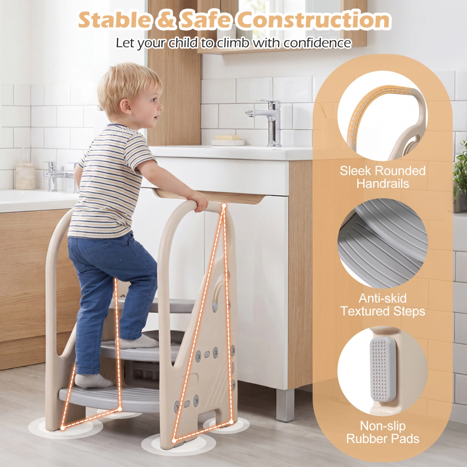 SUGIFT Adjustable 3-Step Helper Stool with Safety Handles for Kids 66-lb Capacity Ages 3+ Beige and Gray