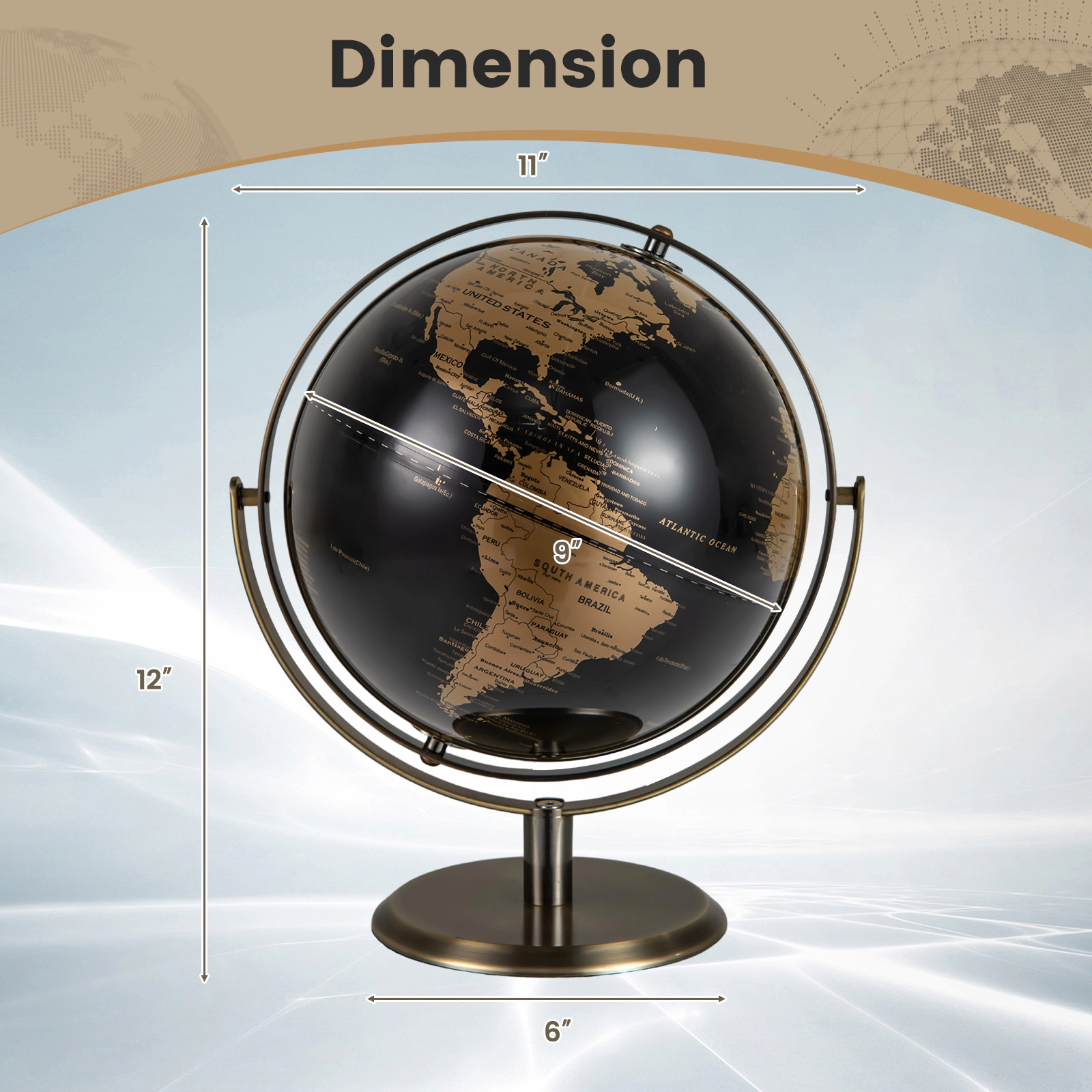 SUGIFT 720° Rotating Metallic World Globe with Time Dial Interactive Toy 9-in Globe Diameter Black and Gold