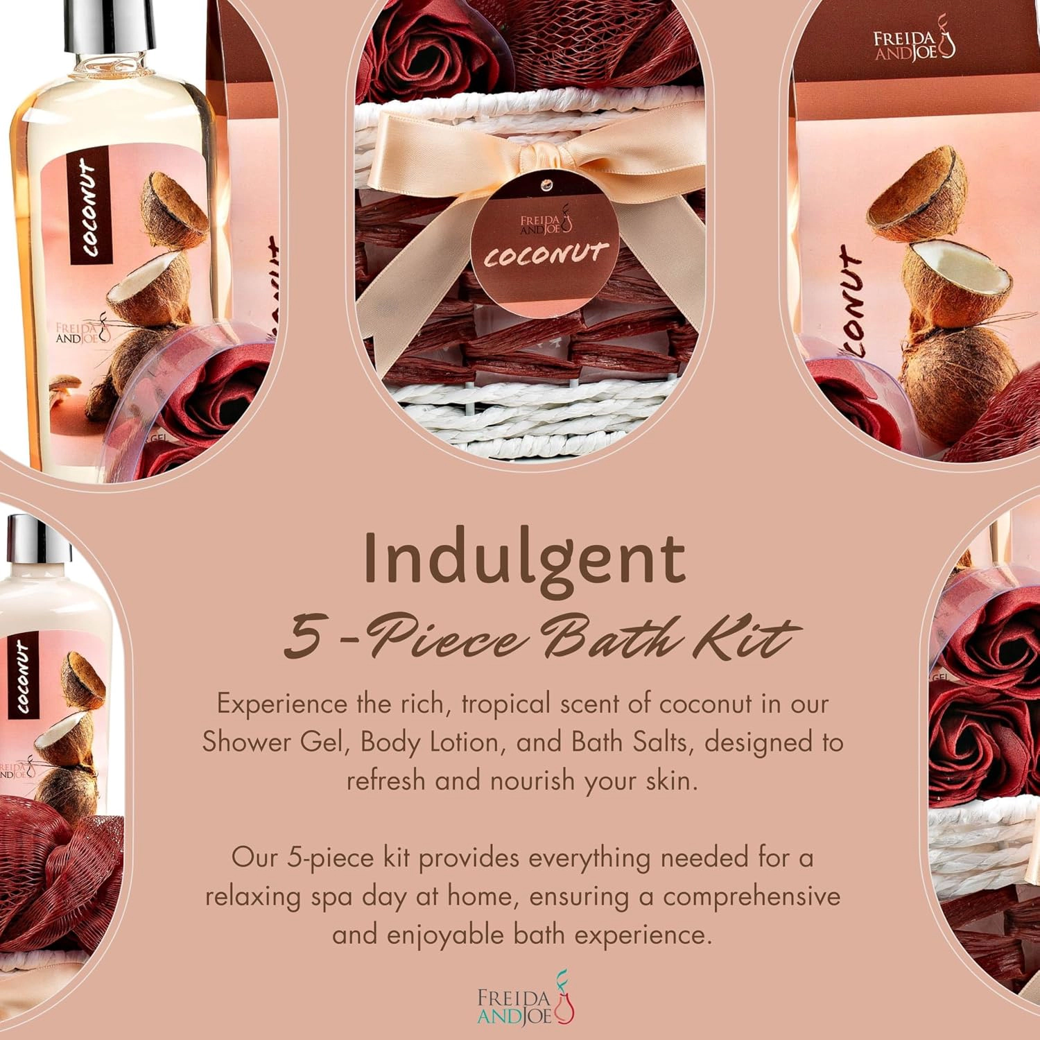 Freida and Joe Women 6-piece Coconut Bath & Body Set Wicker Basket Valentine's Gift