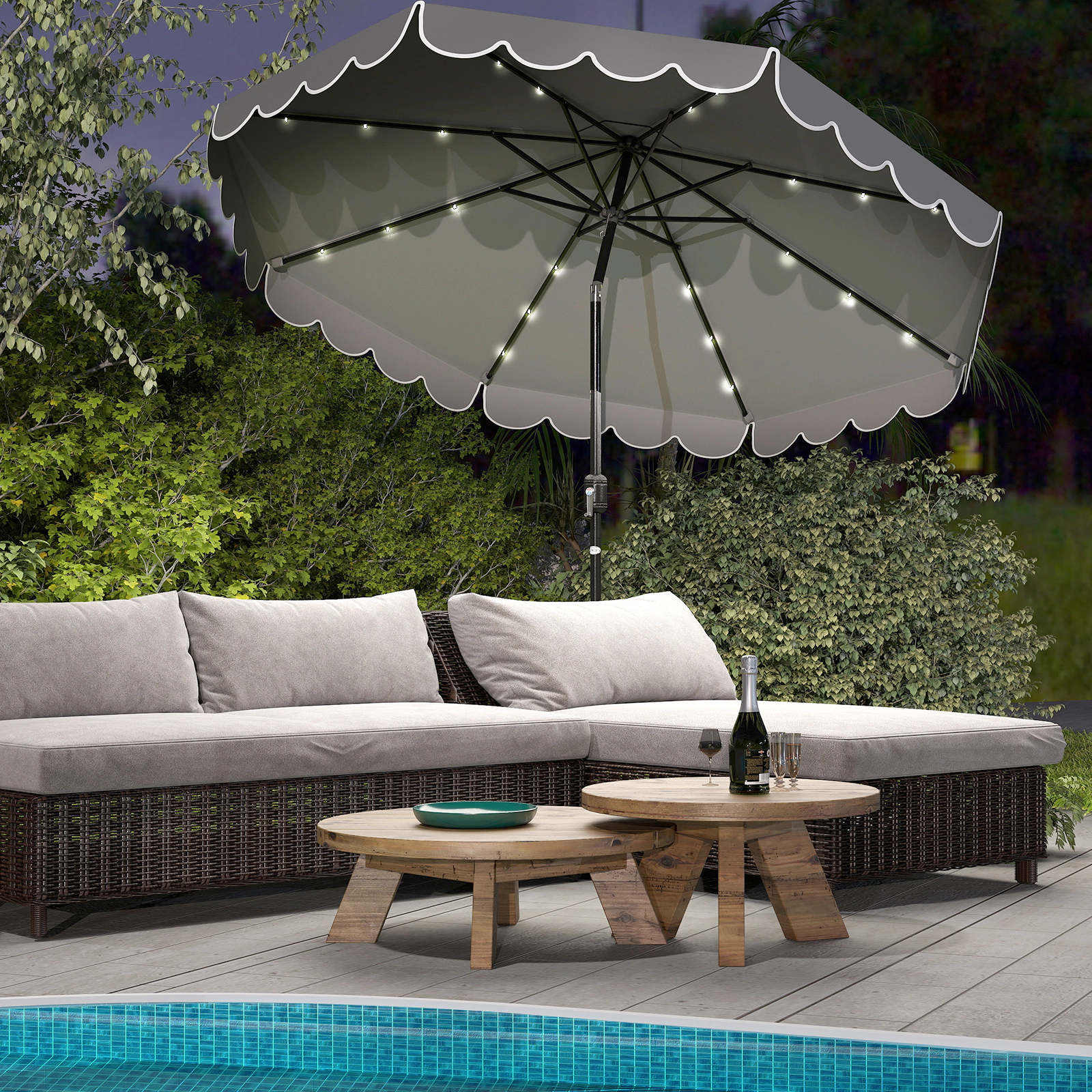 SUGIFT 10-ft Gray Solar LED Patio Umbrella with 24 Lights Push-Button Tilt and Vented Ruffled Canopy