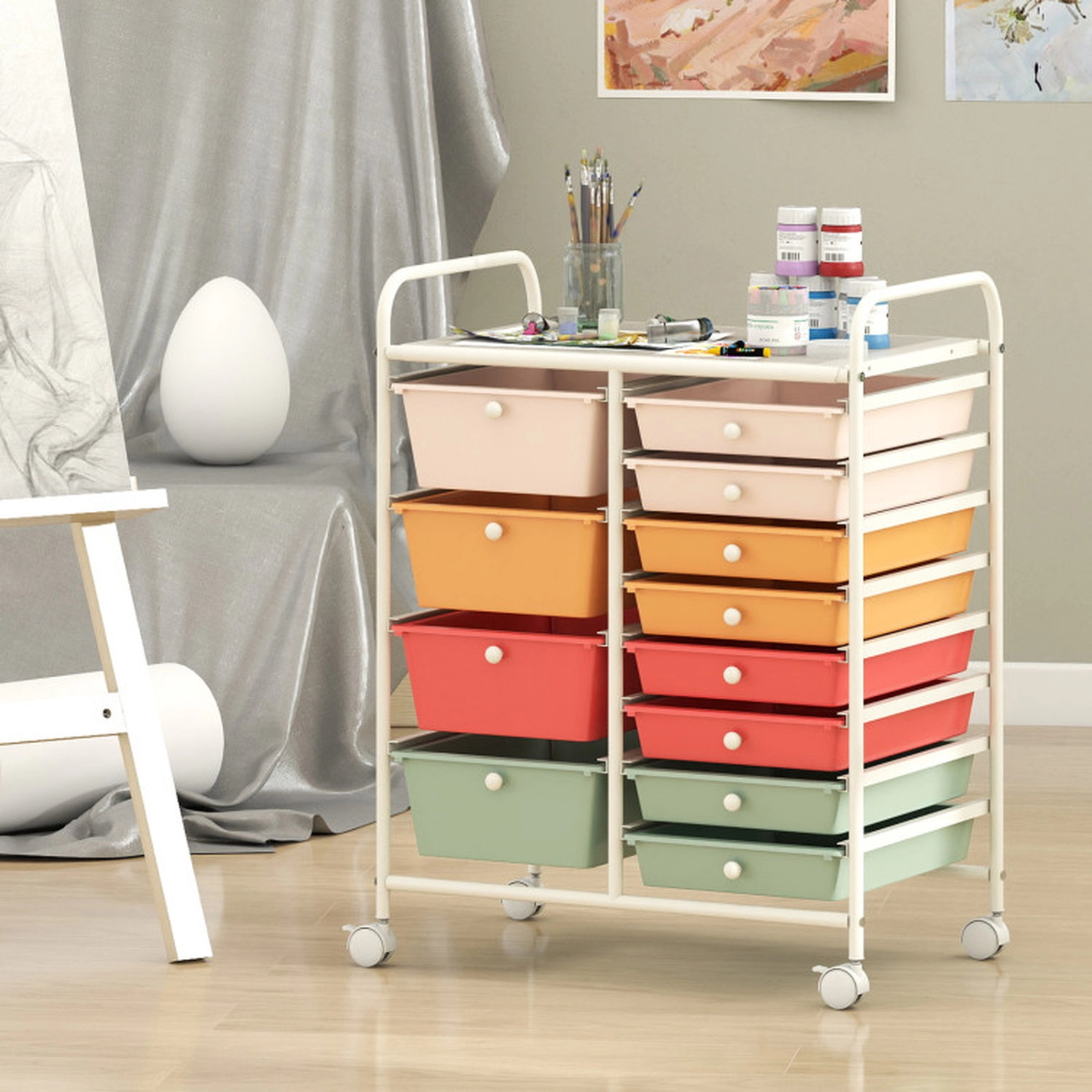 SUGIFT Macaron 12-Drawer Rolling Storage Cart with Removable Drawers Punched Top and Swivel Casters