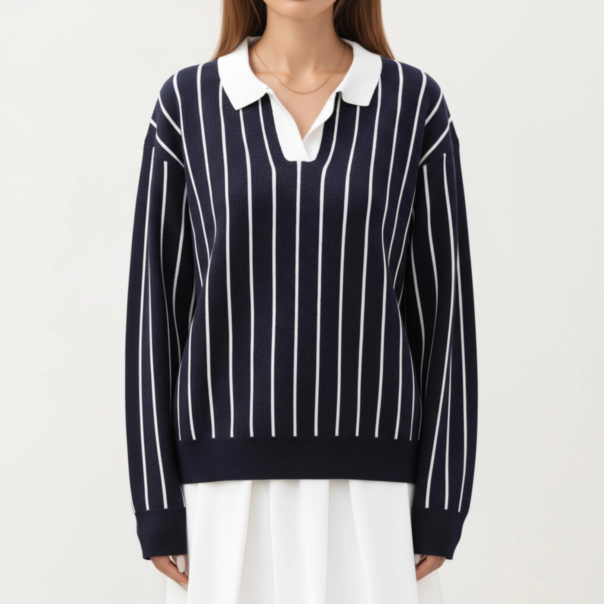 Anna-Kaci Women's Vertical Stripe Knit Collared Sweater with V-Neck Long Sleeves