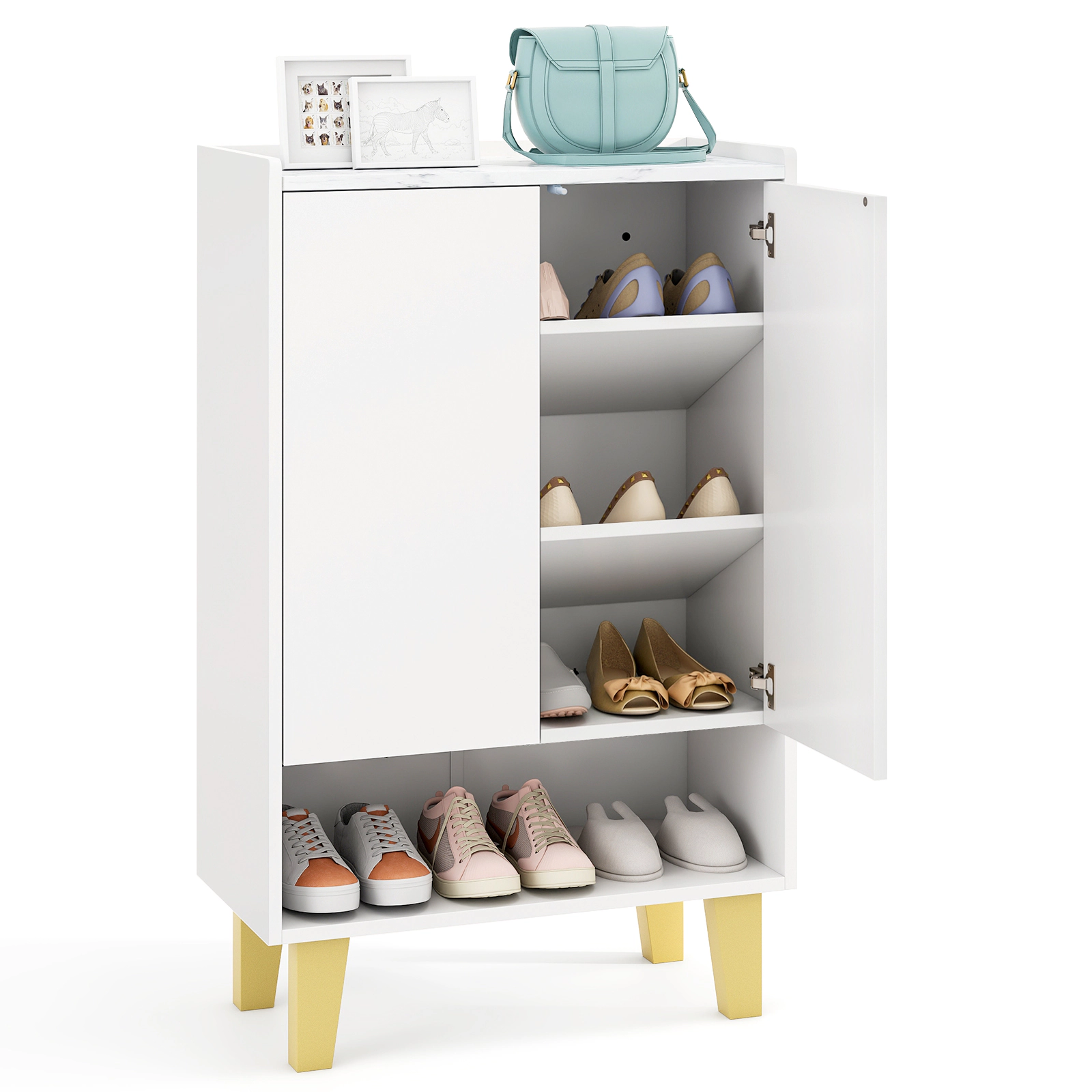 SUGIFT 5-Tier Shoe Cabinet Faux Marble Countertop Tilting Shelves 22-lb Top Capacity 22.5 x 11-in Shelf White & Gold