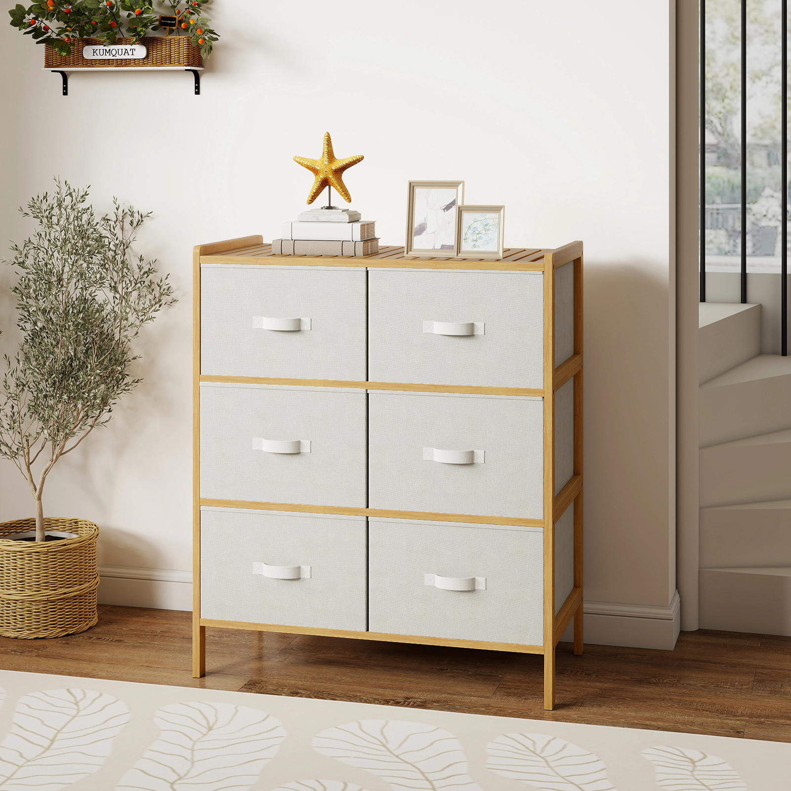 SUGIFT Fabric Dresser 6 Drawers & Folding Fabric Bins 44-lb Top Capacity 22-lb Drawer Capacity Bedroom Storage Chest
