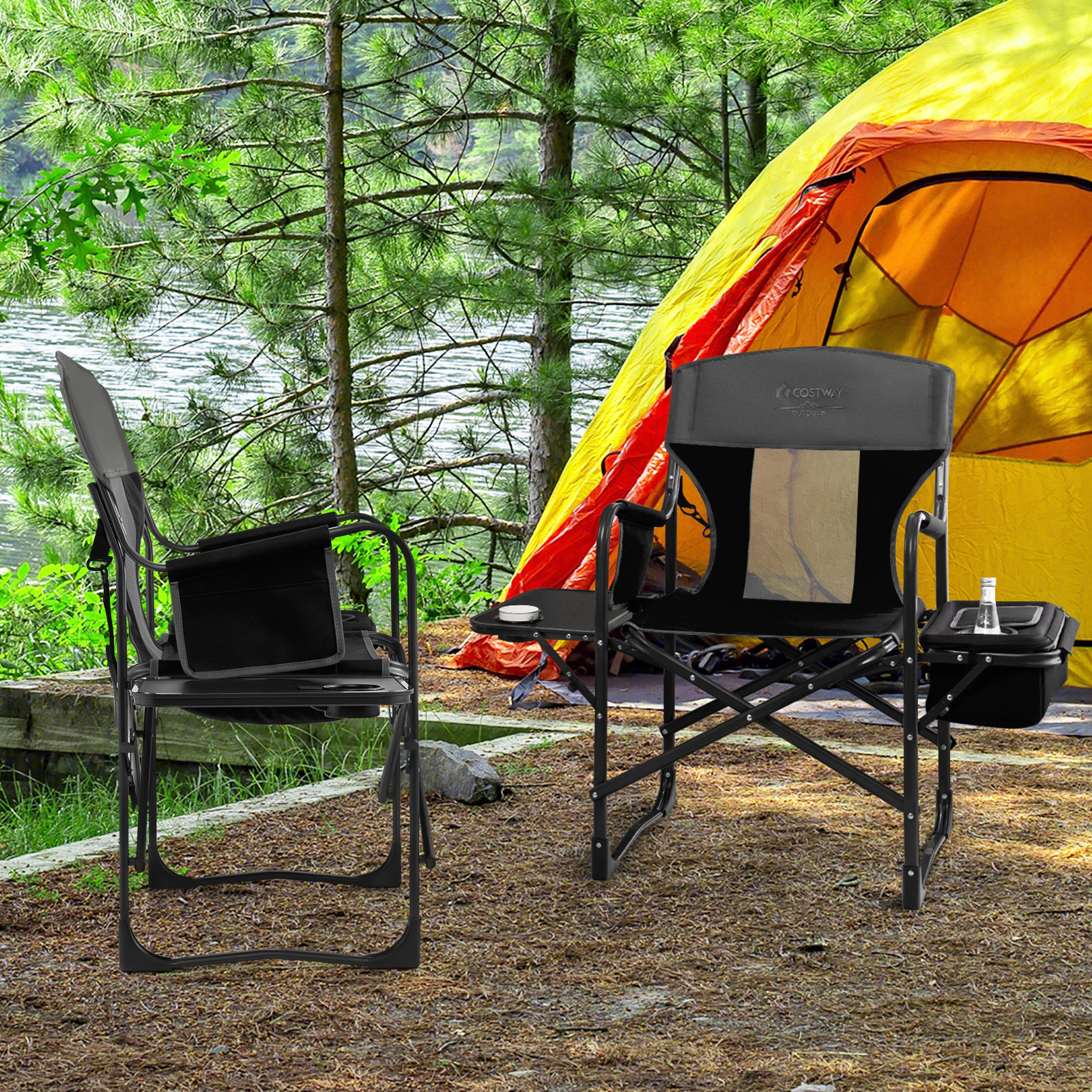 LJG Folding Camping Directors Chair with Cooler Bag and Side Table