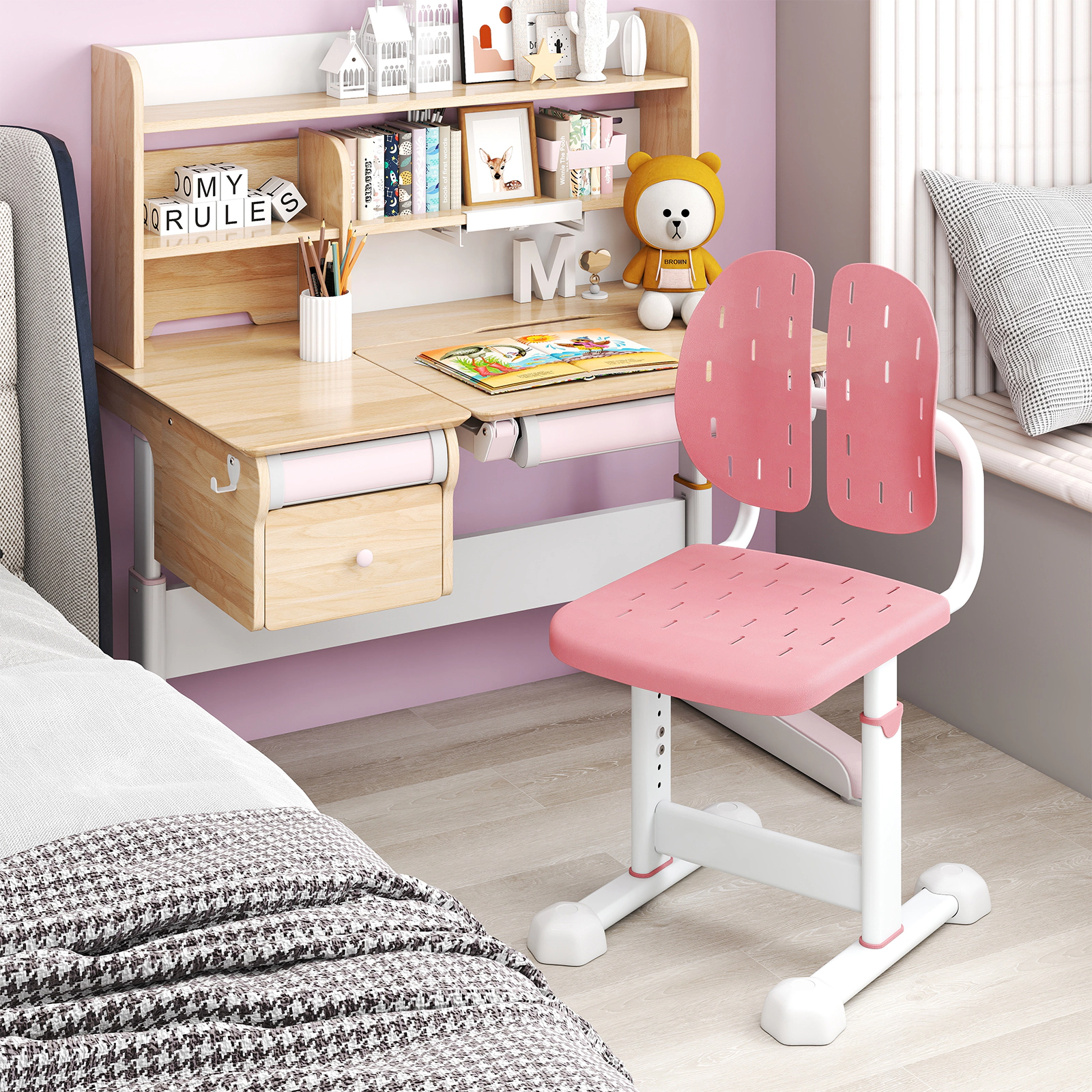 SUGIFT Kids Desk Chair, No Wheels, Pink, 5 Adjustable Seat Heights, Breathable Perforated Seat