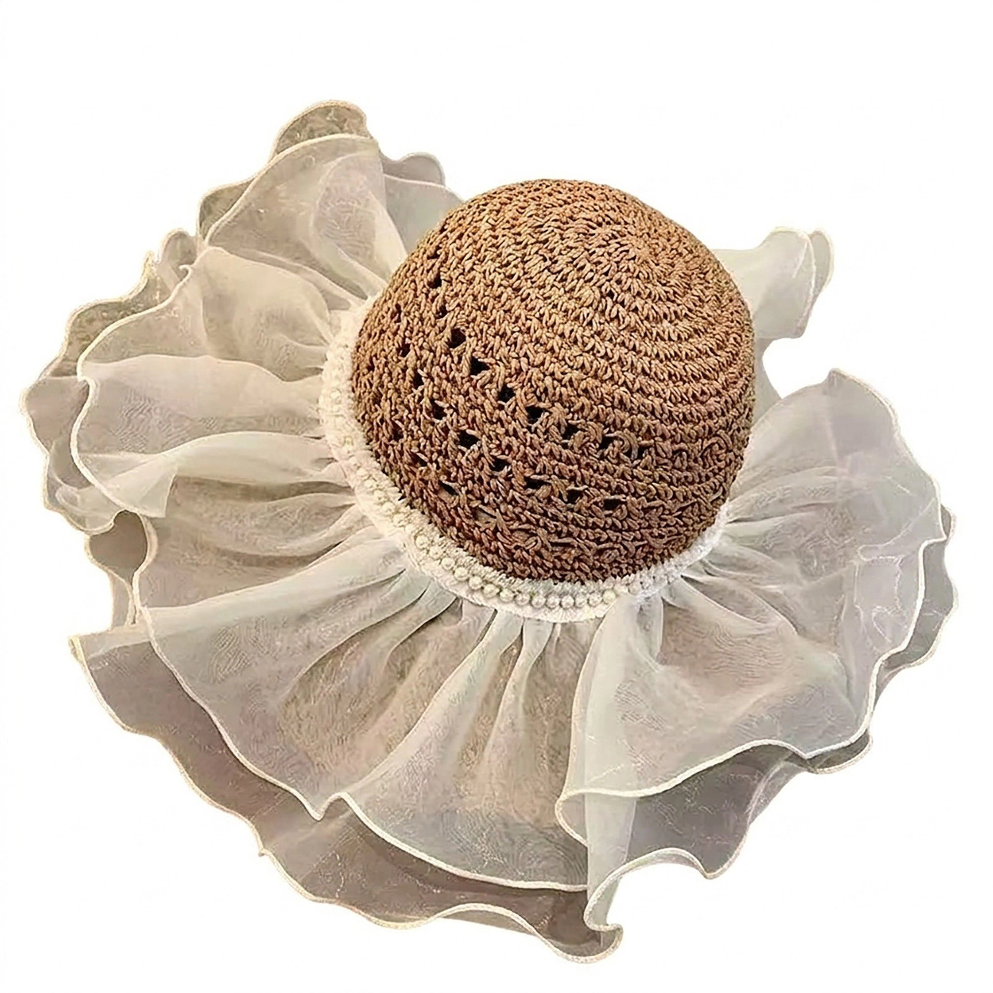 Anna-Kaci Women's Crochet Sun Hat with Sheer Ruffle Wide Brim and Pearl Trim Detail