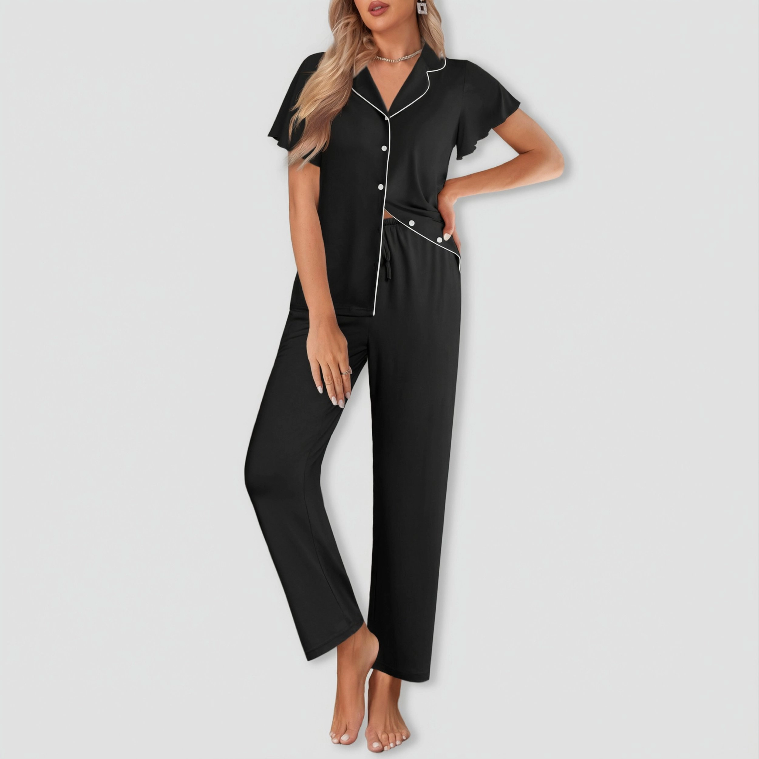 Ekouaer Pajamas for Women Set Button Up Sleepwear Cute Pjs Ruffle Sleeve Notch Collar Lounge Sets