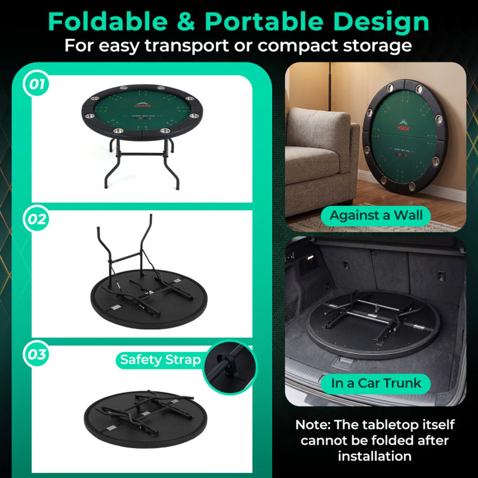 SUGIFT Green Round Foldable Poker Table with 8 Cup Holders and Padded Edges 48-in Dia 30-in H 220-lb Top Capacity