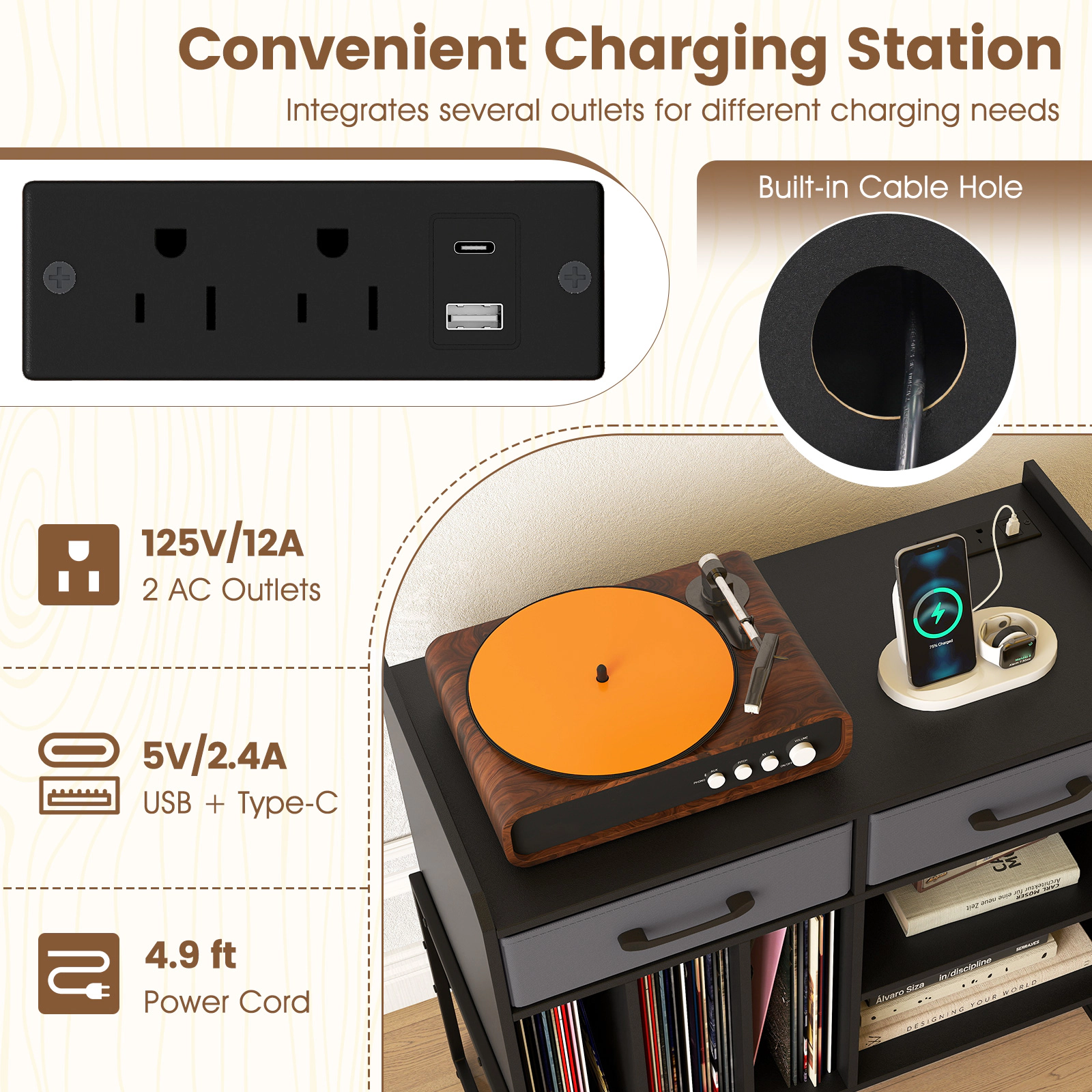 Glintex Large Record Player Stand with 2 Fabric Drawers and 209-Lb Capacity