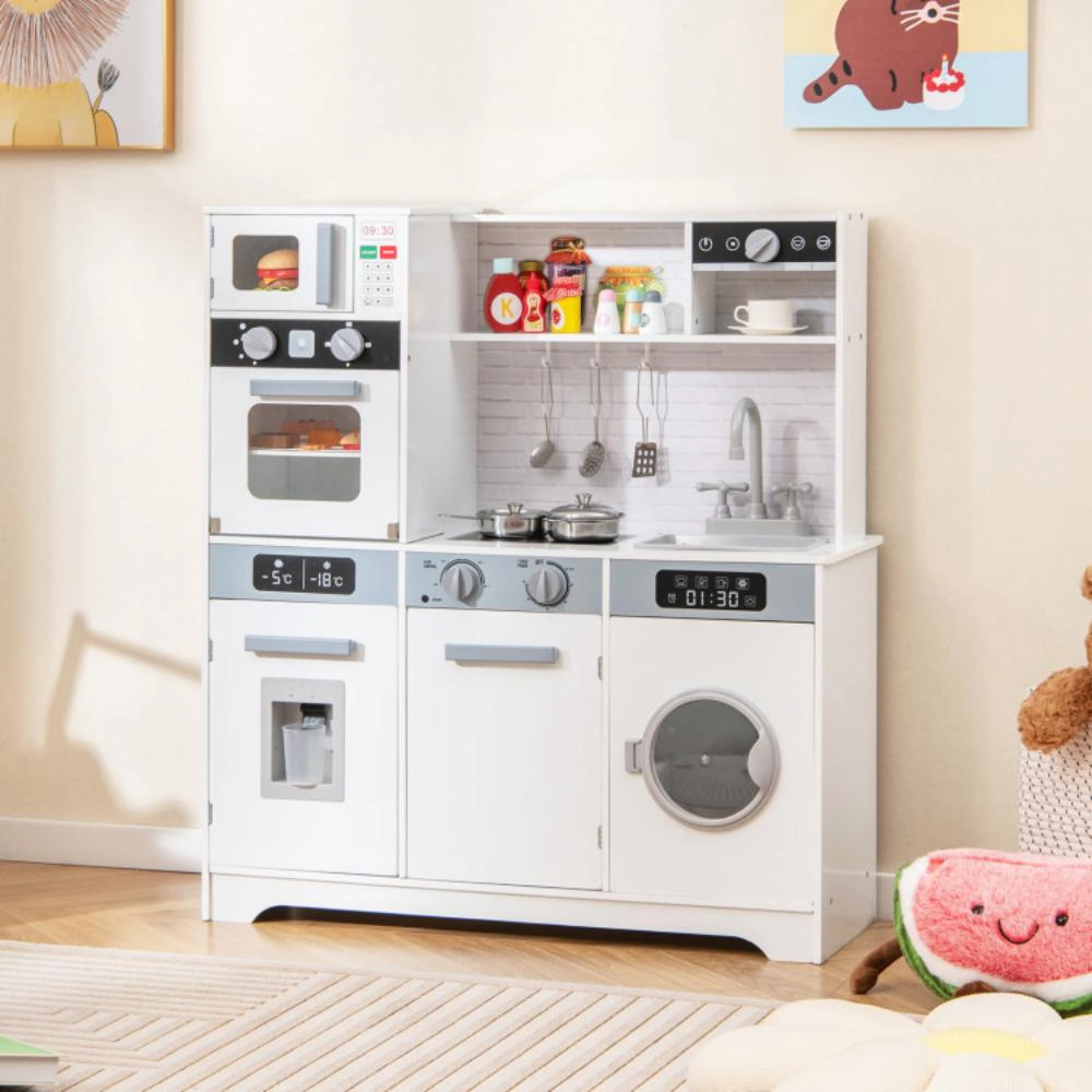 Hivvago Pretend Play Kitchen Wooden Toy Set Kitchen Accessory Playset With Real Lights Sounds-White