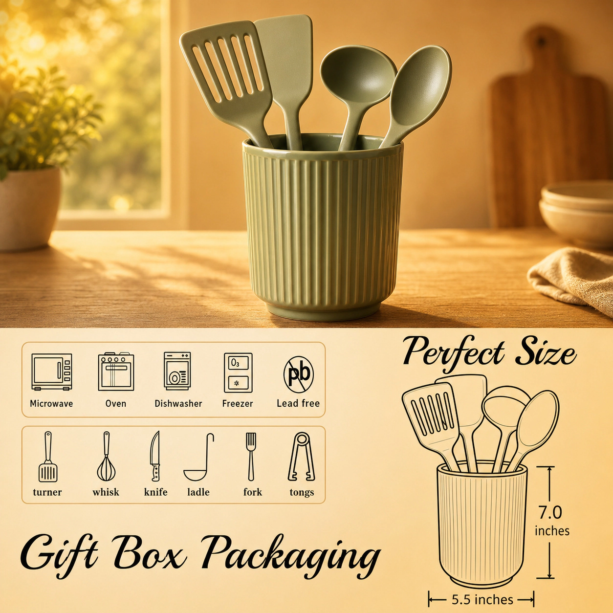WZK Large Stoneware Farmhouse Ribbed Crock Kitchen Utensil Holder