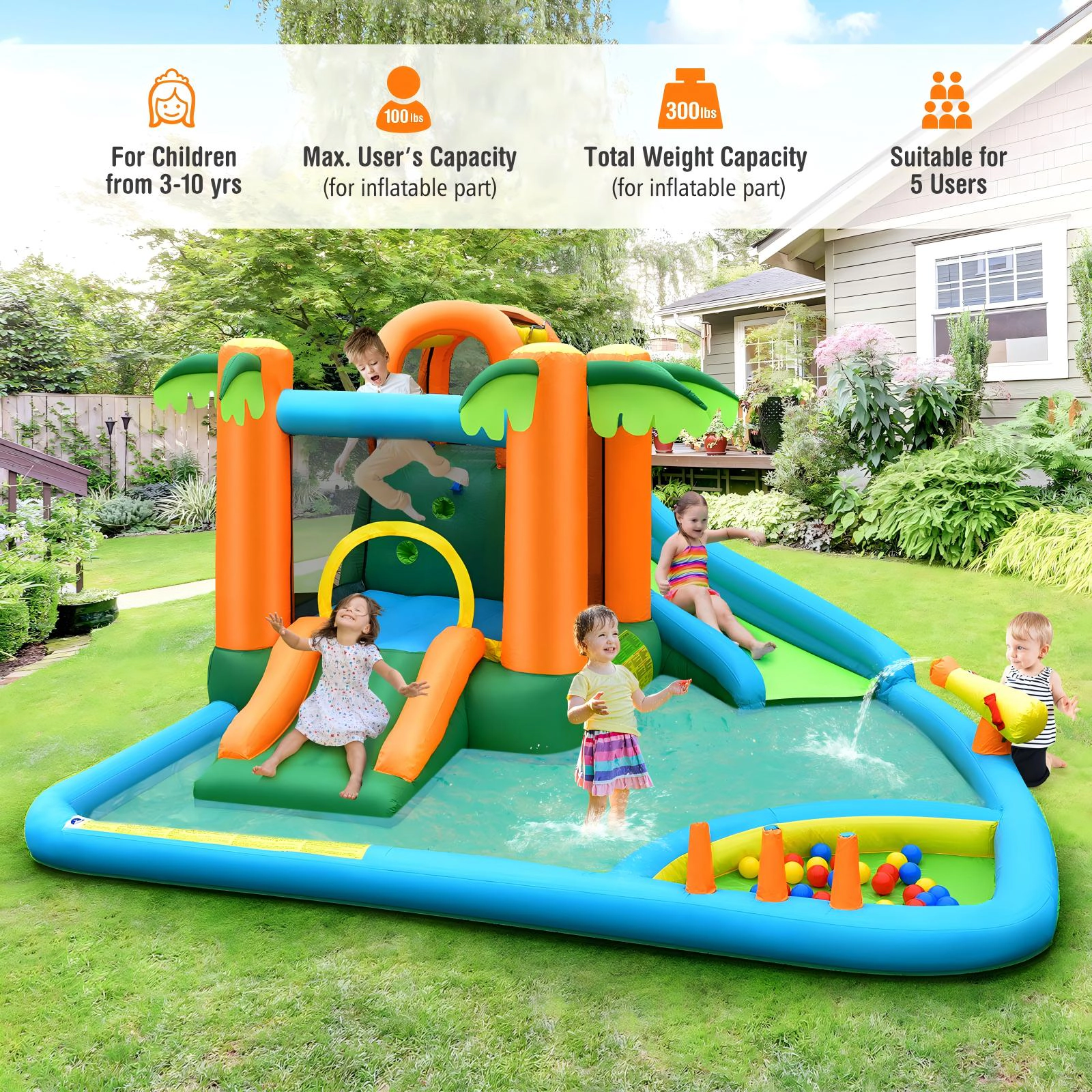 SUGIFT 7-in-1 Inflatable Water Slide Park with 2 Slides Splash Pool Ball Pit Water Cannon and 780W Blower