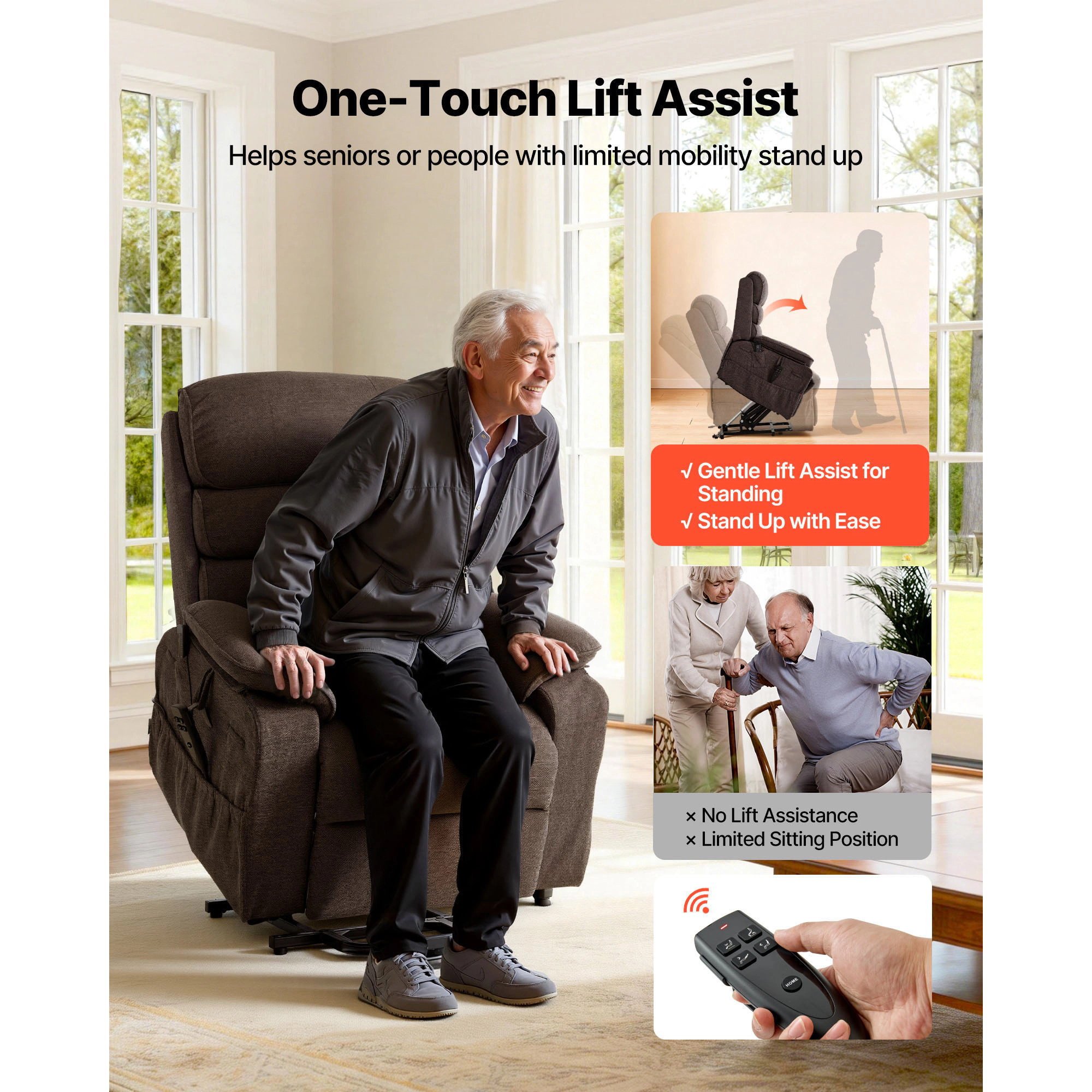 HONGGE Power Lift Recliner Chair Dual Motor Medium with Heat and Massage for Elderly Position Adjustable