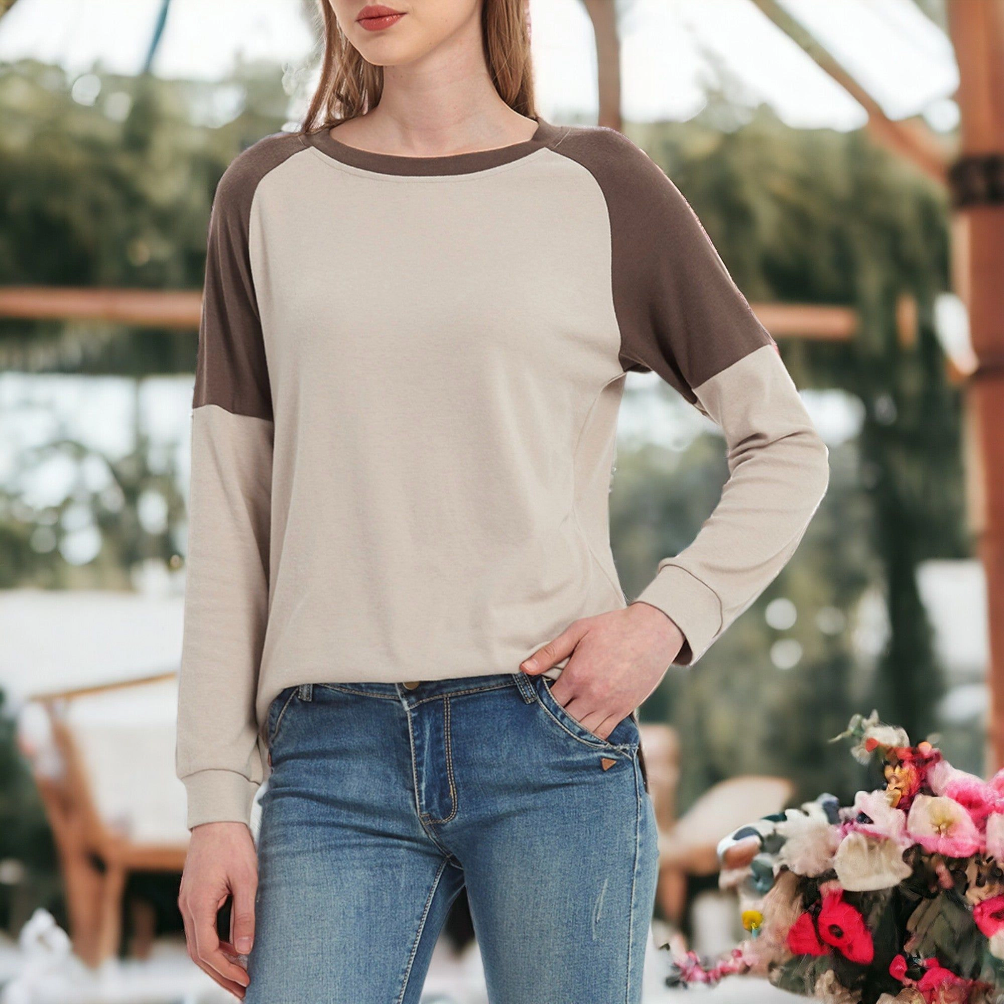 Anna-Kaci Women's Colorblock Crewneck Sweatshirt with Side Slits