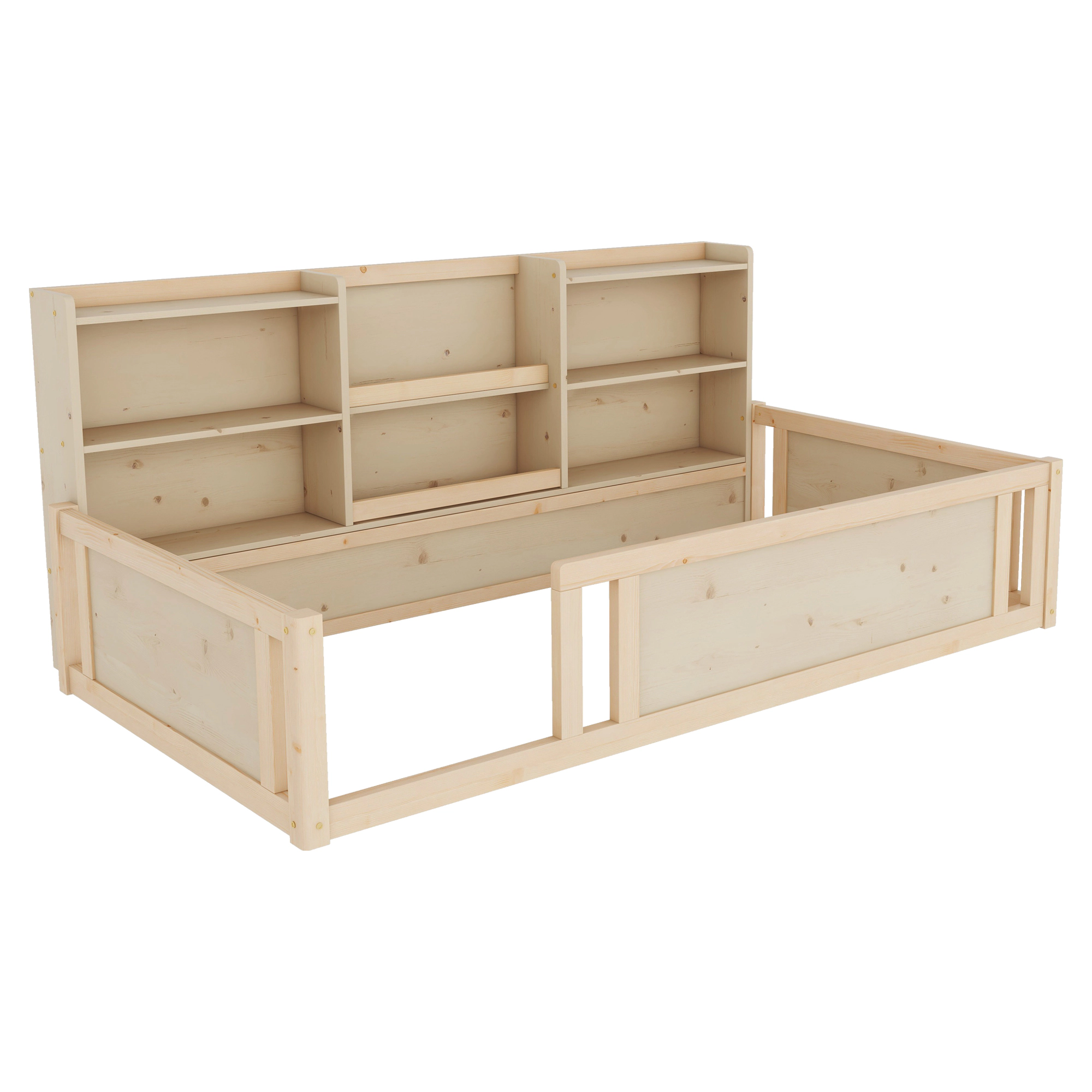 Flynama Twin Wooden Floor Bed, Guardrail Fence & Side Storage Shelves, Natural