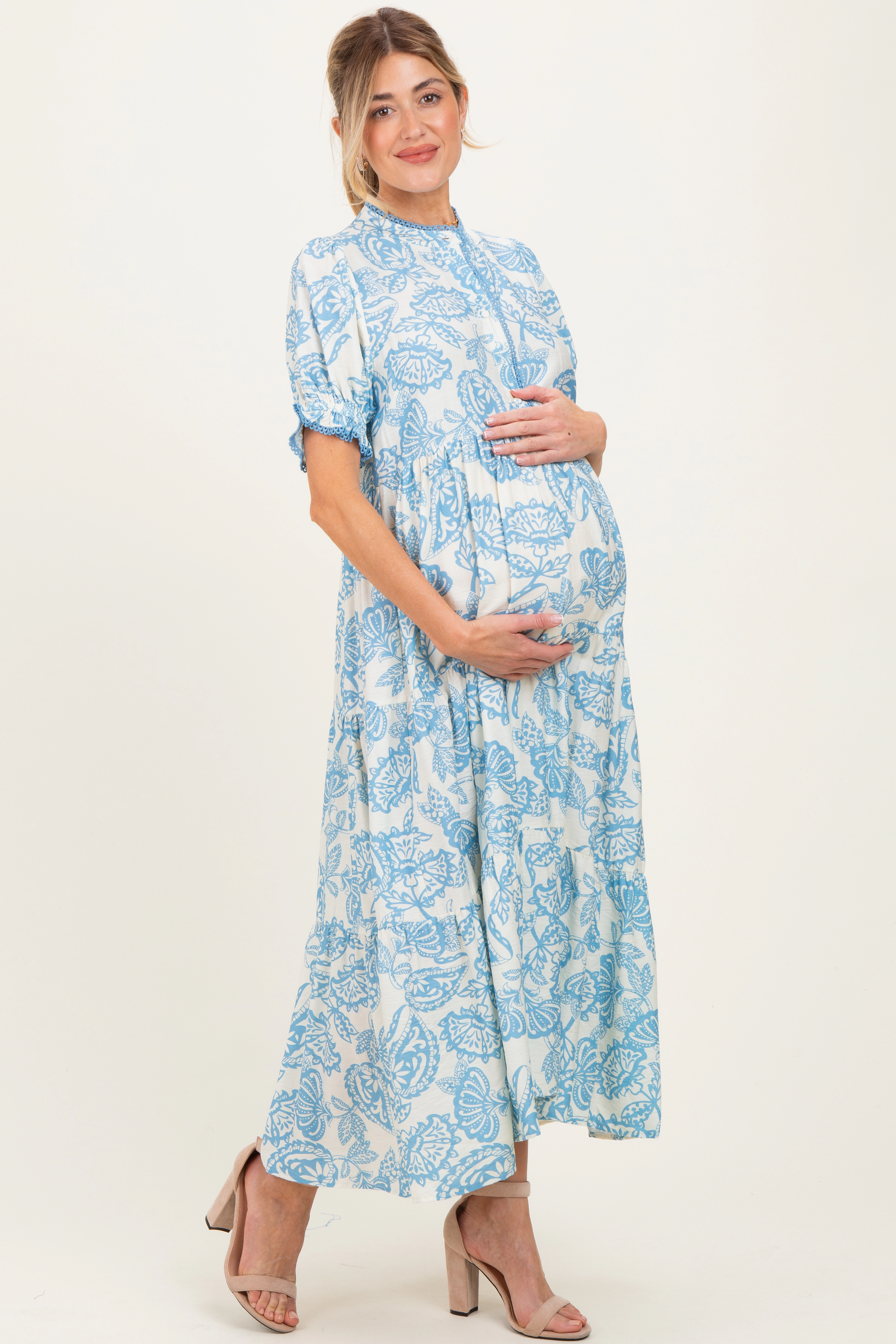 PinkBlush Womens Light Blue Paisley Print Tiered Maternity Midi Dress