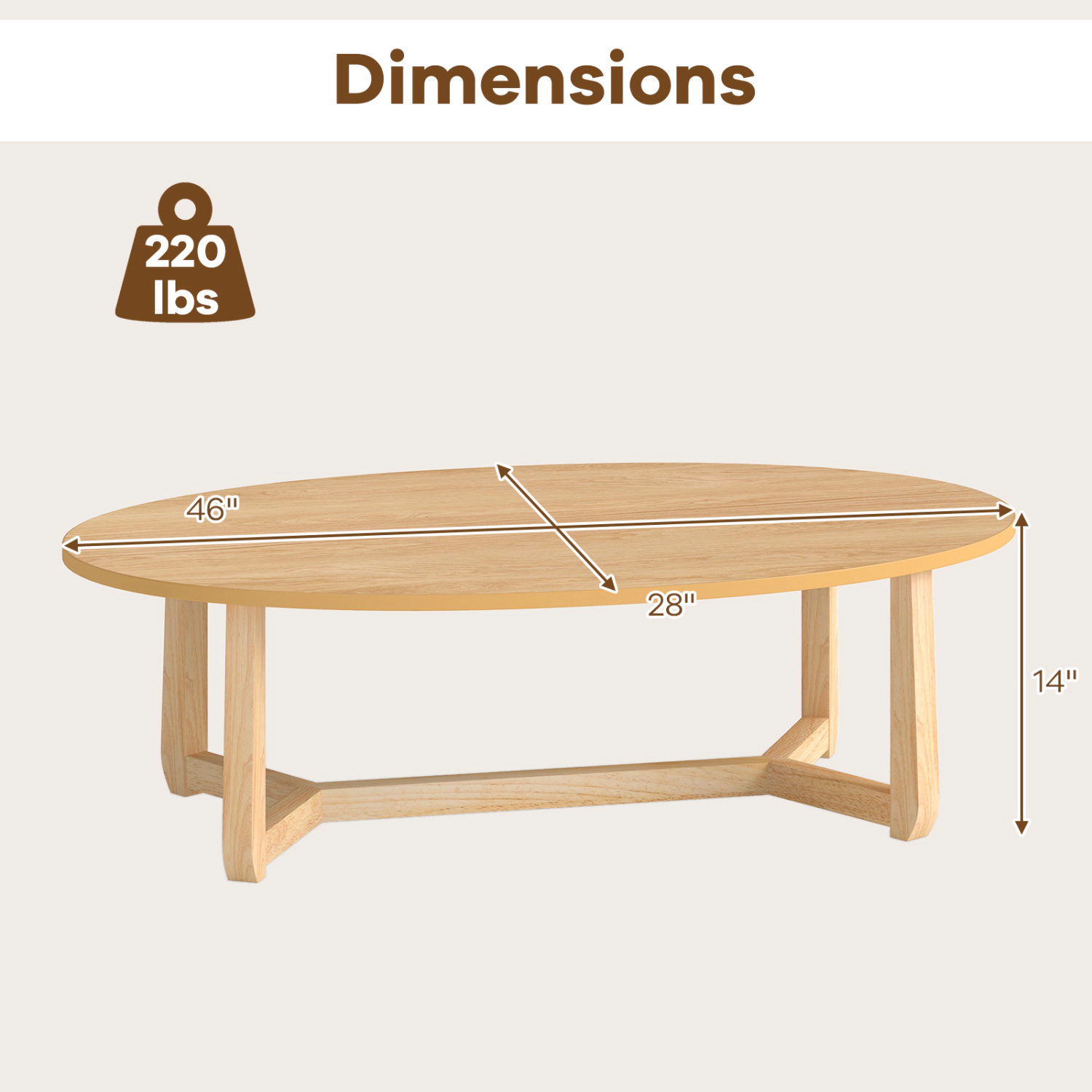 LJG Oval Coffee Table 46 Inches Wooden Accent Table with Thickened Top