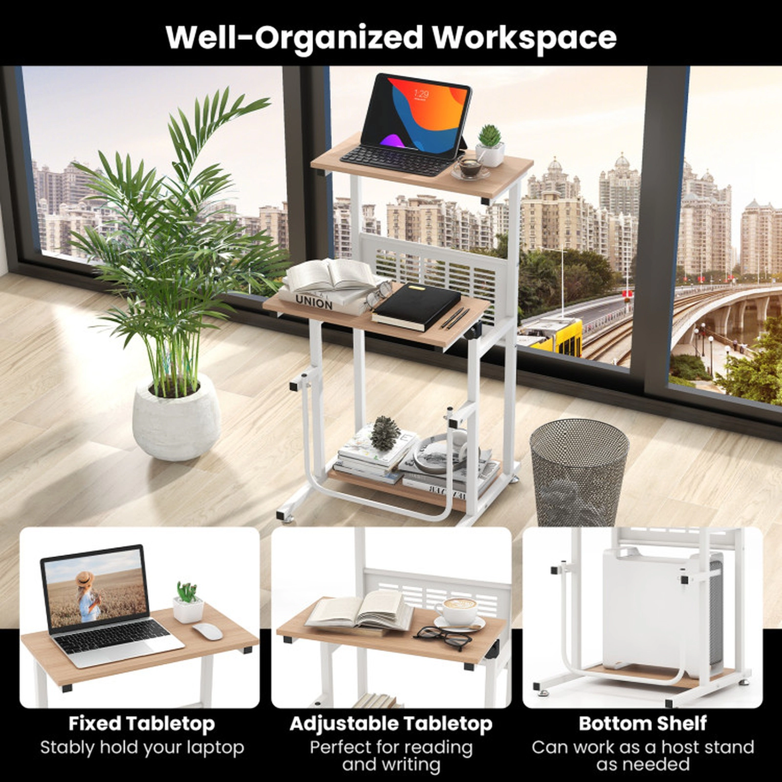 SUGIFT Height Adjustable Bottom Shelf Footrest Small Space Sit Stand Desk 22-in x 21-in x 27-in to 38.5-in Oak