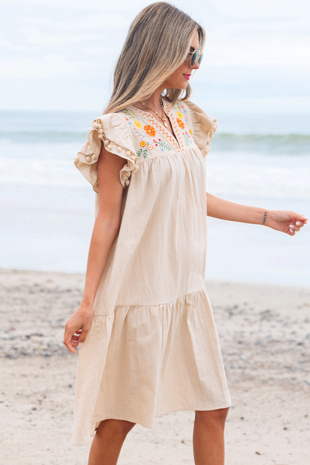 Threaded Pear Women's Meredith Embroidery Split Neck Short Dress