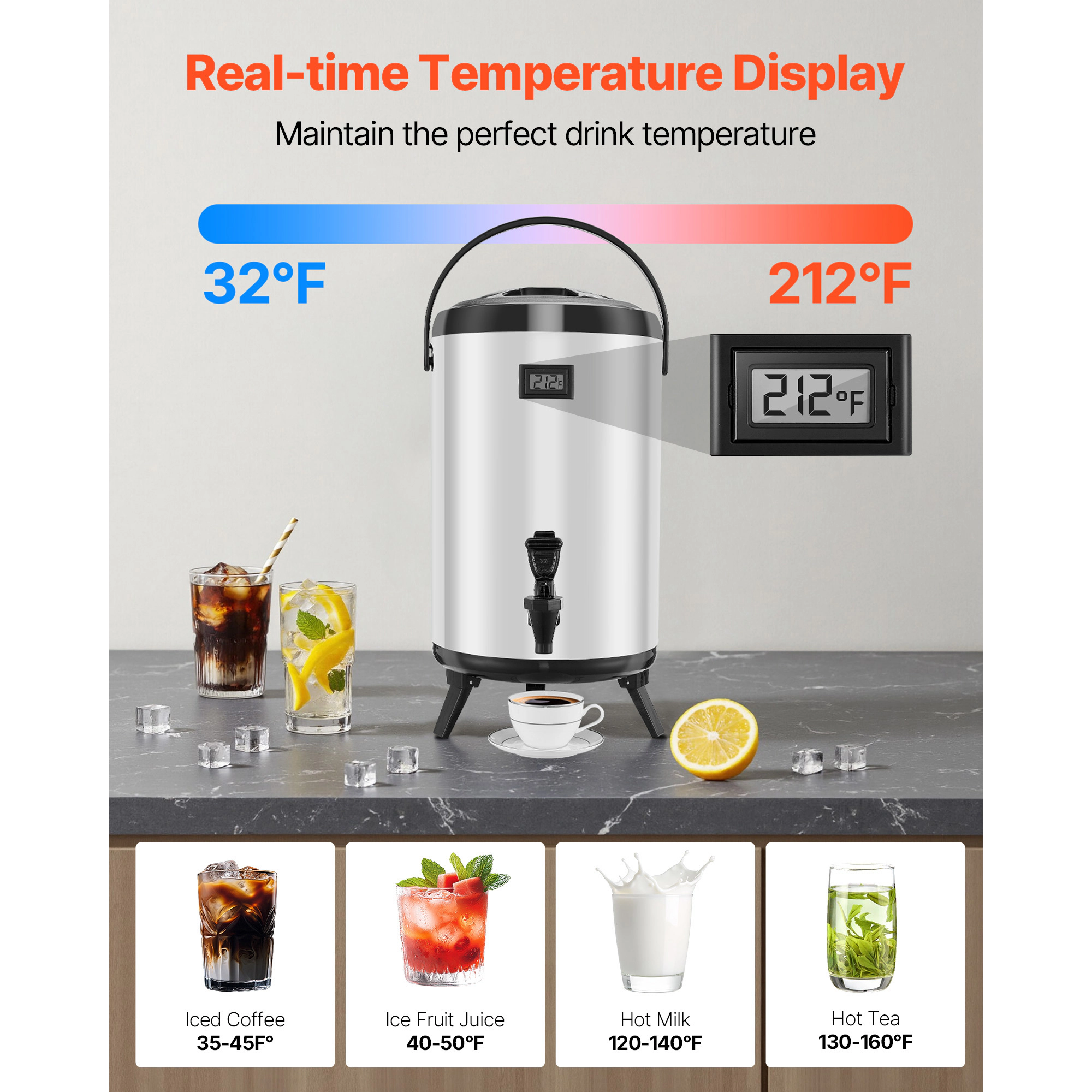 HONGGE Insulated Beverage Dispenser / Stainless Steel Thermal Drink Server with Spigot & Temp Display Suitable for Hot