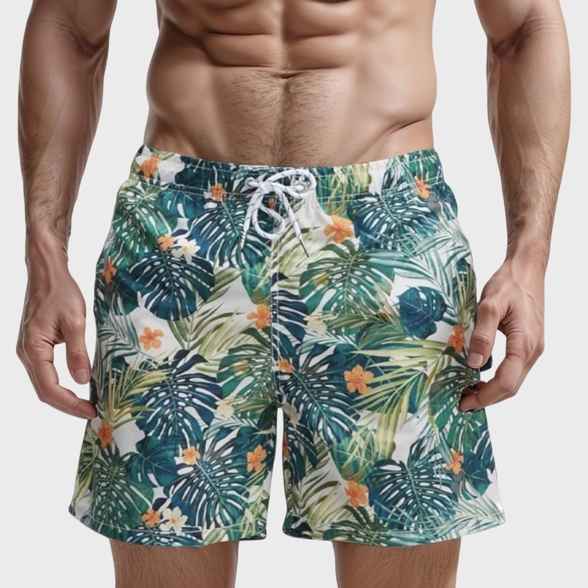 Anna-Kaci Men's Tropical Leaf and Floral Print Swim Trunks with Quick-Dry Fabric and Drawstring Waist
