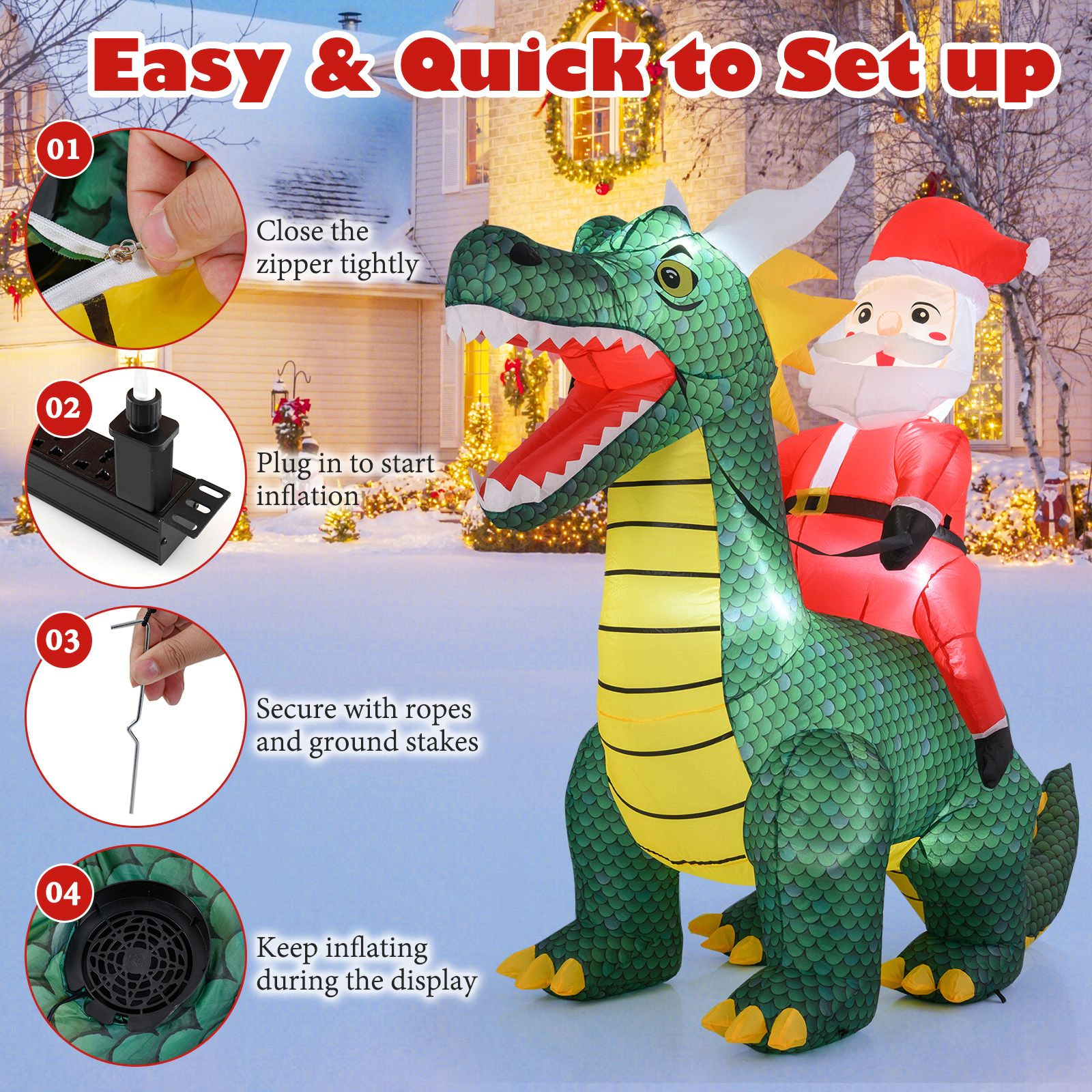 SlickBlue Unisex 6.7 Feet Lighted Inflatable Santa Riding Dinosaur